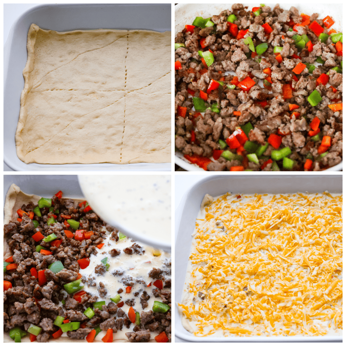 Meet crescent roll breakfast casserole: your new favorite way to use up that refrigerated crescent dough! Juicy pork sausage, eggs, chopped bell peppers, and shredded cheese get layered on top of that buttery, delicious crust. Easy to whip up in a snap, you're going to want to make it for breakfast all the time! 4-photo collage of the dough, sausage, eggs, and cheese being layered in a baking dish.