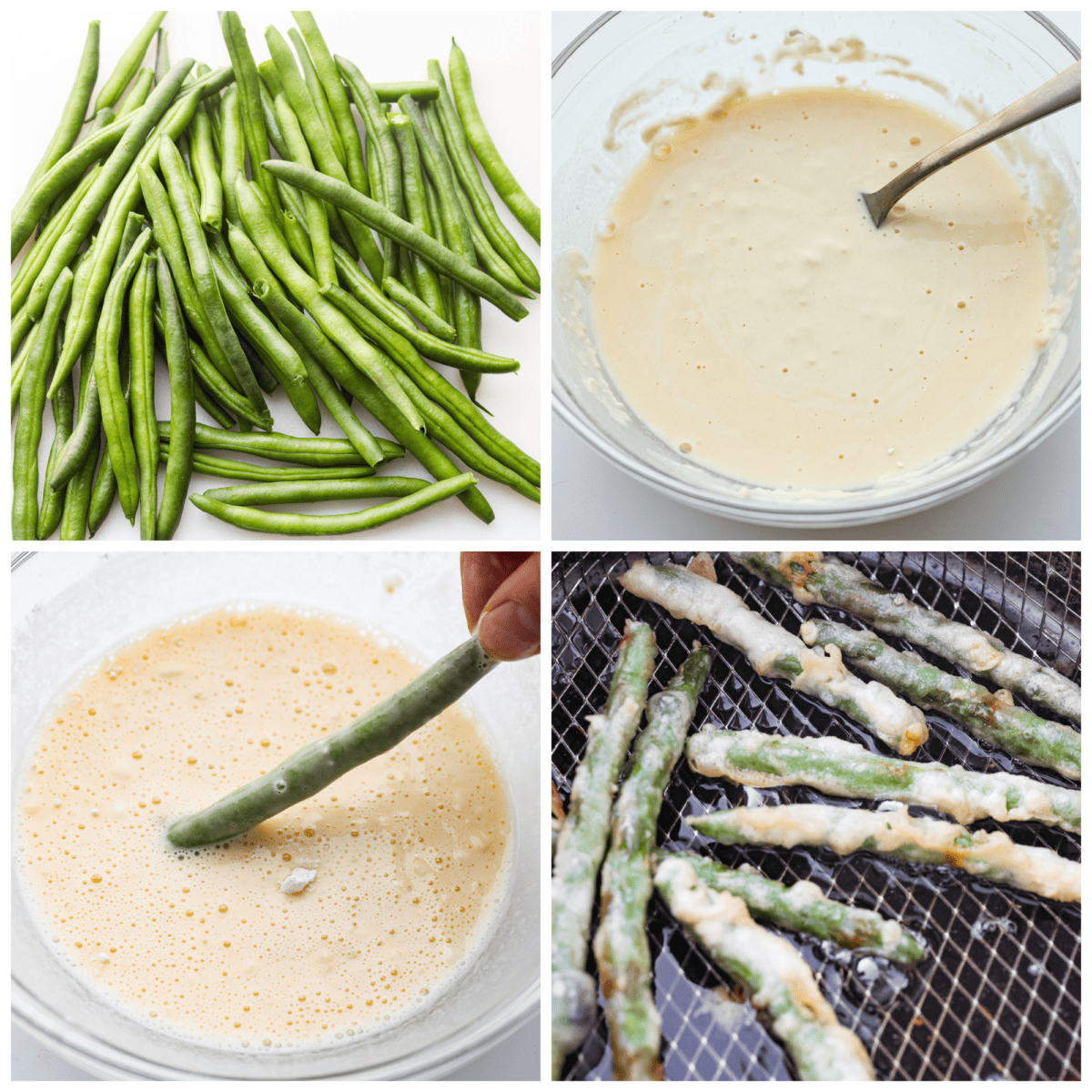 One of the best things on the menu at P.F. Changs is their Crispy Fried Green Beans. These green beans taste even better, and you can make them at home! They have a delightful crunch and are seasoned to perfection! 4 pictures showing how to add batter to the green beans and fry them.