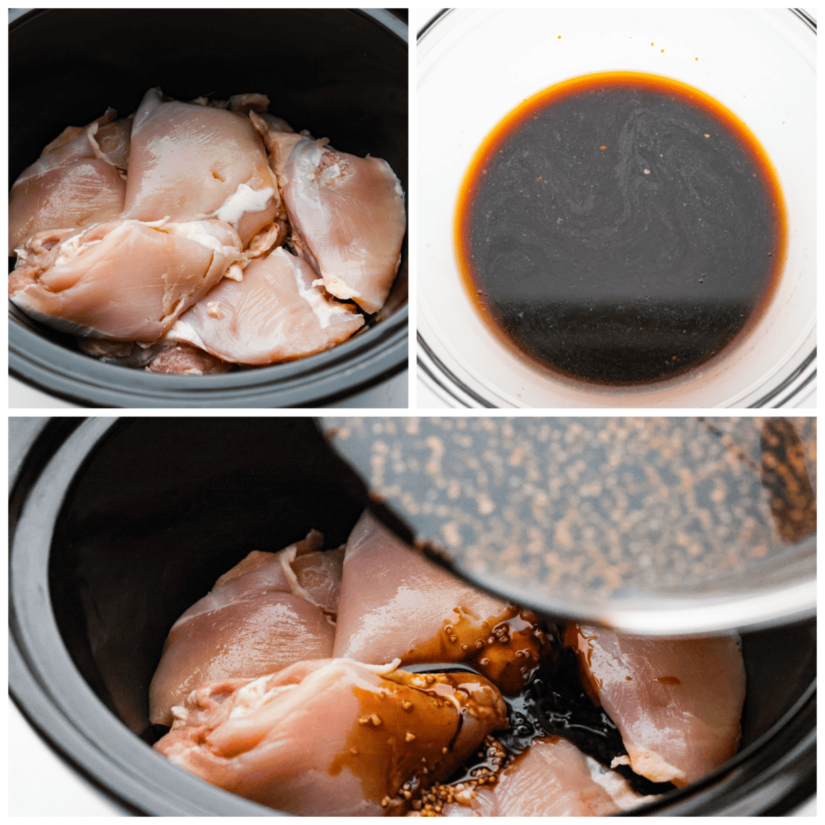 Tender and juicy chicken thighs simmered in a brown sugar bourbon sauce all day long. Your family will love this melt-in-your-mouth crockpot bourbon chicken. A classic New Orleans recipe made easy in the crockpot! First process photo of chicken thighs placed in the bottom of a crockpot. Second process photo of the sauce mixed in a bowl. Third process photo of the sauce pouring over the chicken.