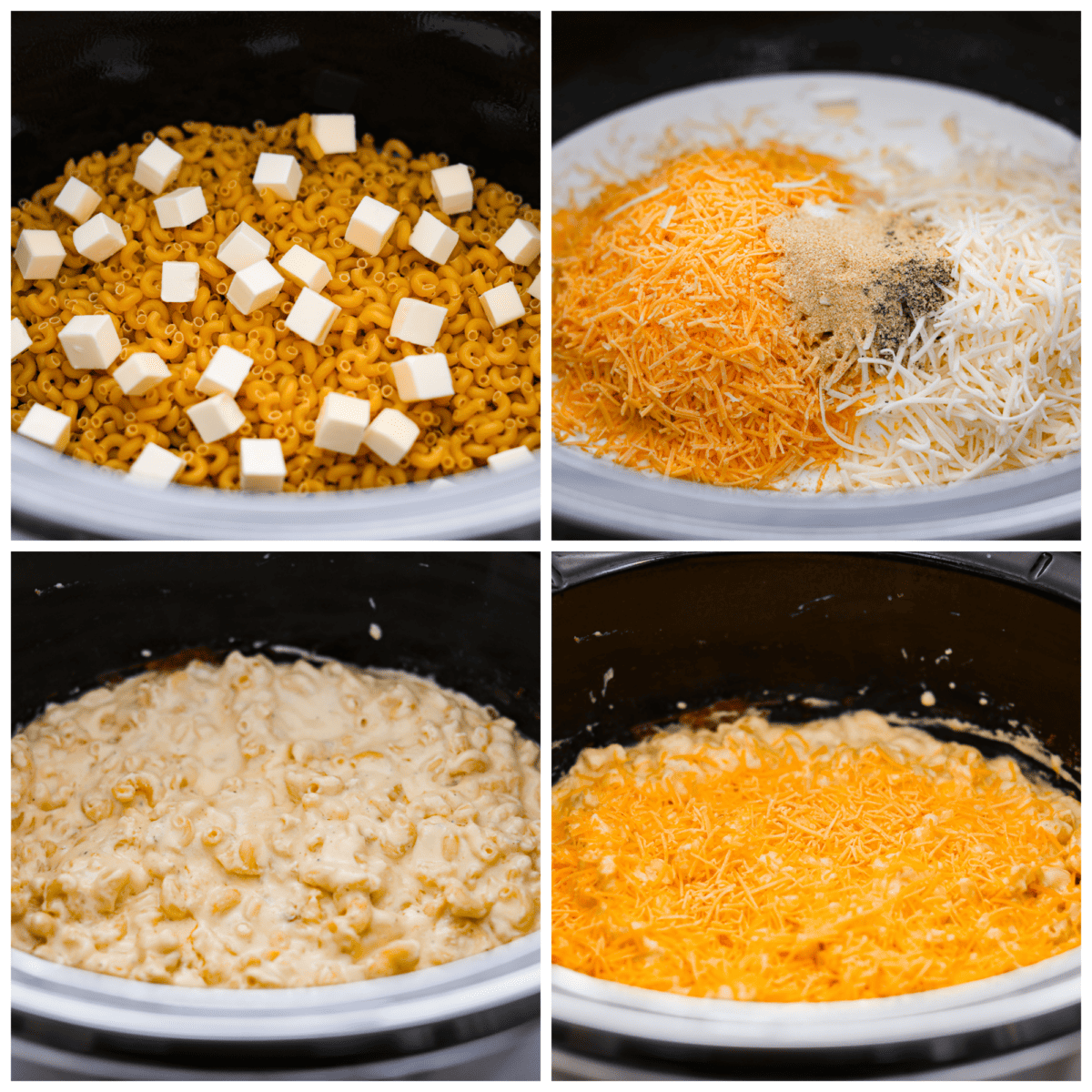 This Slow Cooker Macaroni and Cheese is creamy, comforting and perfect for potlucks. Best of all, it comes together easily in the crock-pot โ even the pasta! 4-photo collage of macaroni and cheese ingredients being added to a slow cooker.