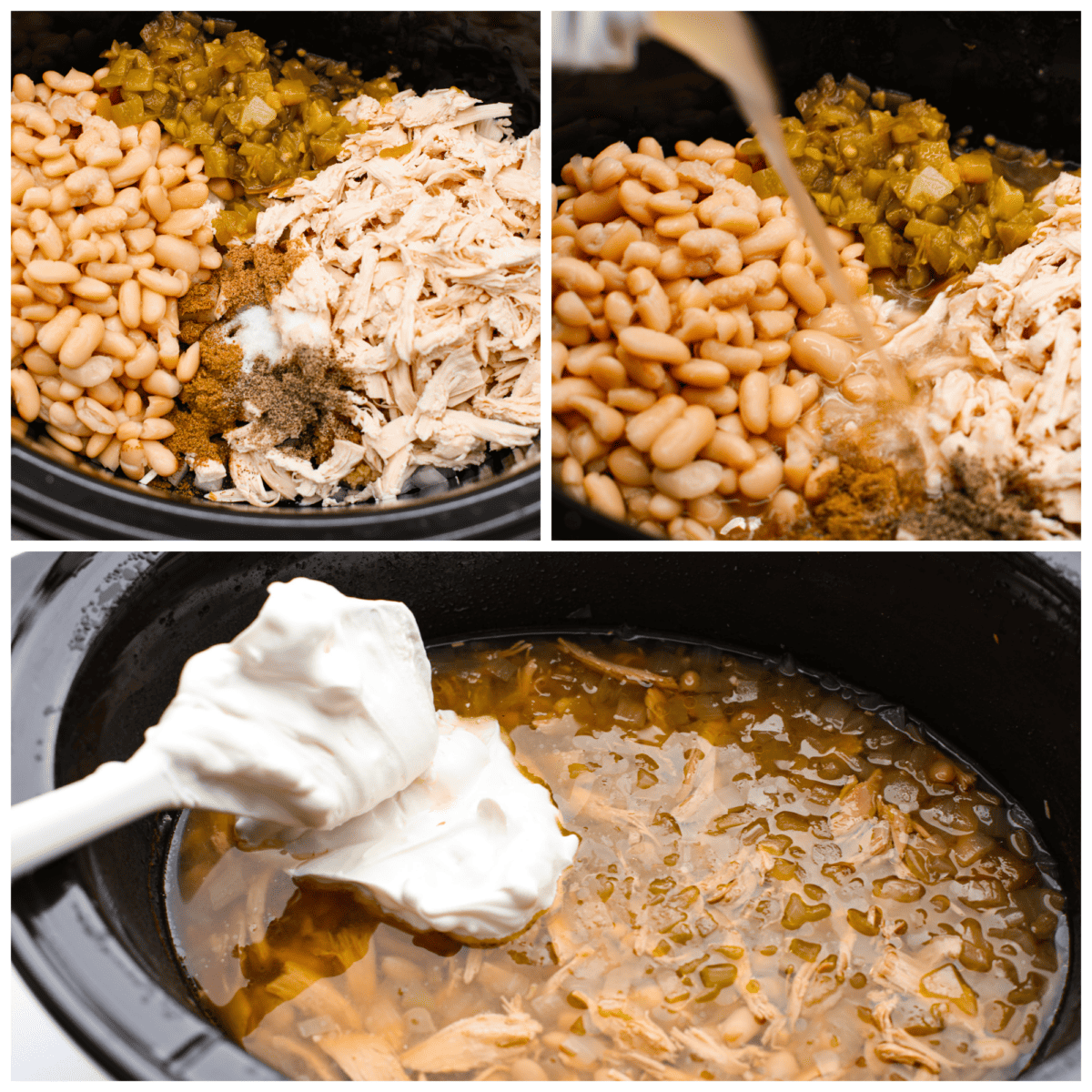 Crockpot White Chicken Chili combines chopped onions, garlic, spices, rotisserie chicken, green chiles, hearty beans, and chicken broth. The best part is the flavors meld in your slow cooker while it cooks all day. 3 process photos showing how to add the ingredients in the crockpot, cook them and then add in the sour cream.