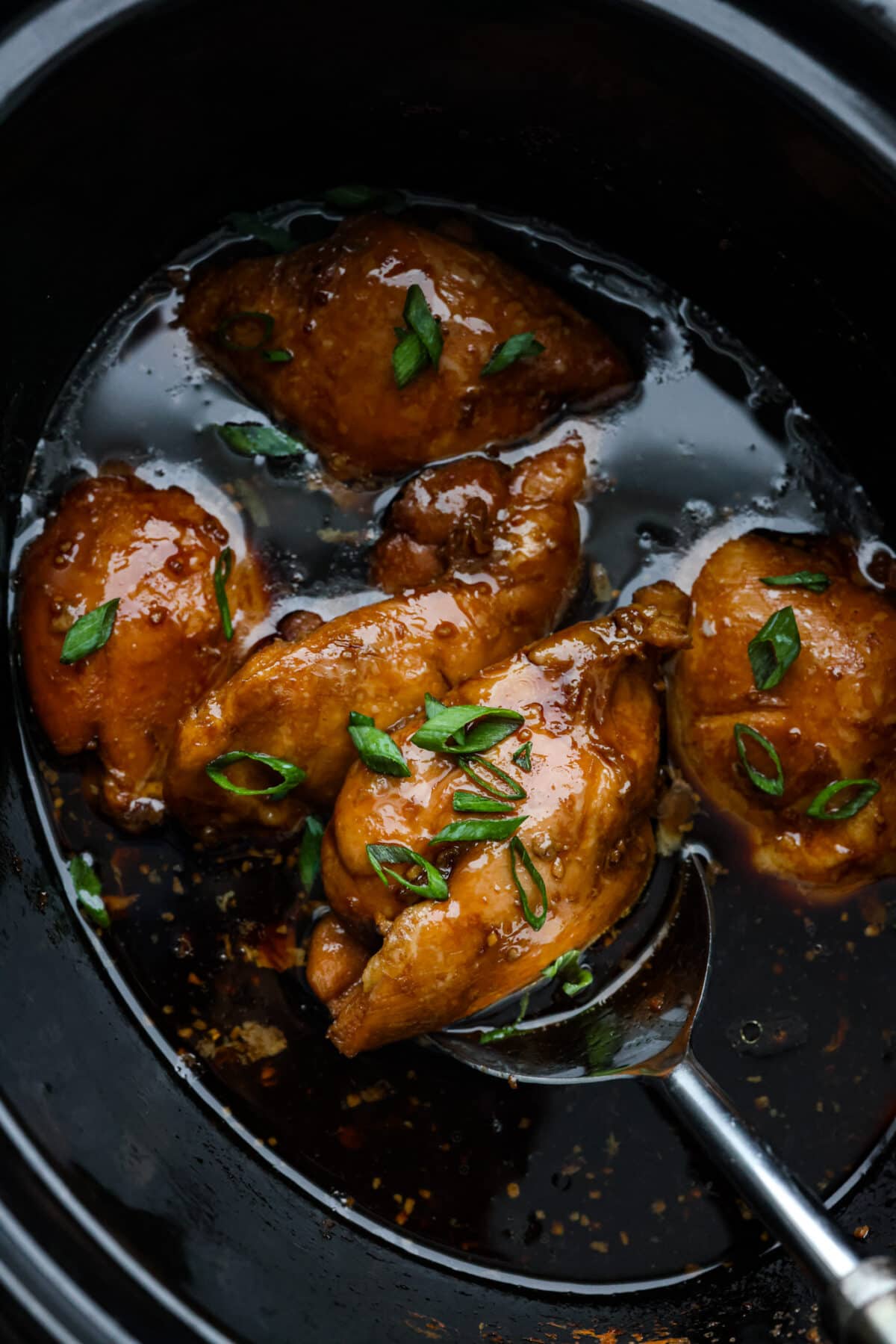 Tender and juicy chicken thighs simmered in a brown sugar bourbon sauce all day long. Your family will love this melt-in-your-mouth crockpot bourbon chicken. A classic New Orleans recipe made easy in the crockpot! Top view of crockpot bourbon chicken in a crockpot before it is shredded. Garnished with sliced green onion.