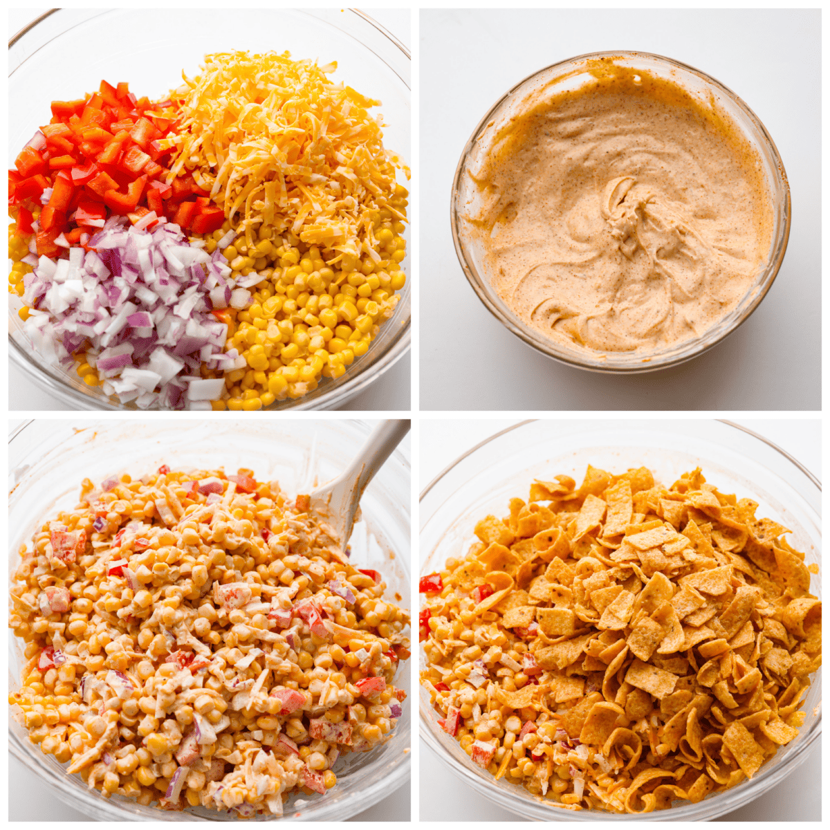 Crunchy Frito corn salad is a fun side dish bursting with Mexican-inspired flavors! Corn, cheese, peppers, and onion get tossed in a tasty dressing and mixed with Fritos corn chips. A surprising FAVORITE at any get-together! First photo of corn, peppers, cheese, and red onion in a large bowl. Second photo of dressing in a bowl. Third bowl of salad and dressing mixed together in a bowl. Fourth photo of corn chips added to the salad.