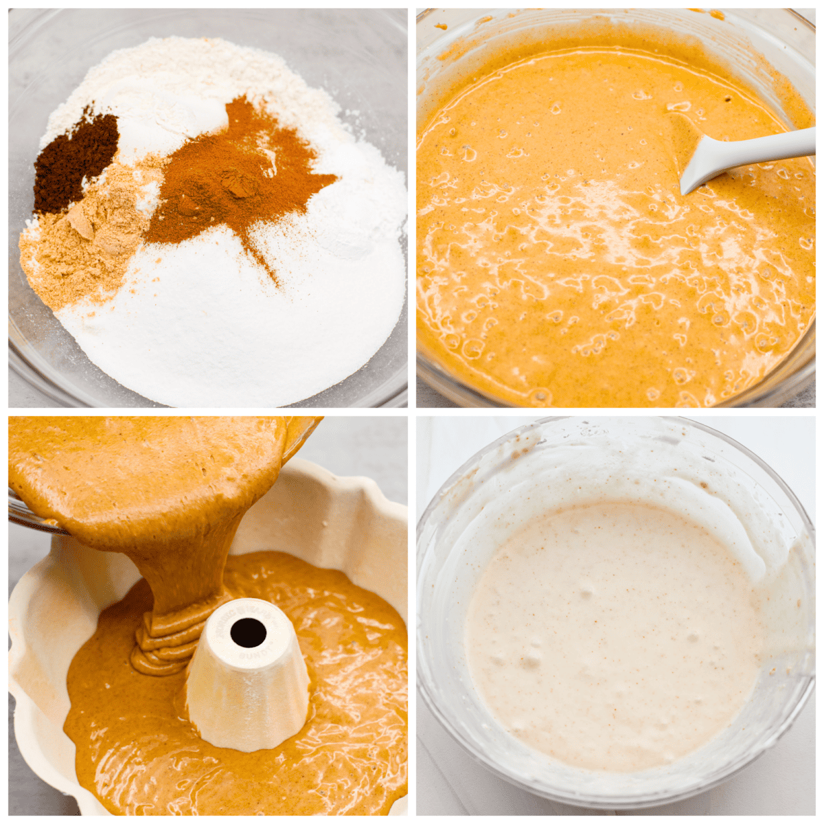 Festive Gingerbread Bundt Cake is moist, tender and the perfect dessert for the holidays. Topped with a flavorful brown butter maple glaze, youโll welcome a slice any time of day. 4-photo collage of the cake batter and glaze being prepared.