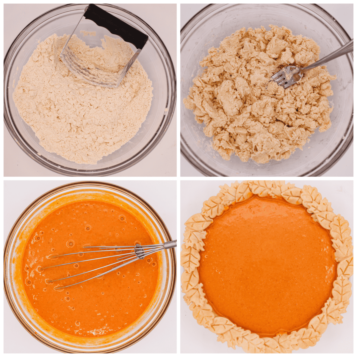 Grandma's famous pumpkin pie is smooth, thick, and creamy! A MUST for the holidays and the best when served with a big dollop of whipped cream on top! 4-photo collage of preparing the crust and pumpkin pie filling.