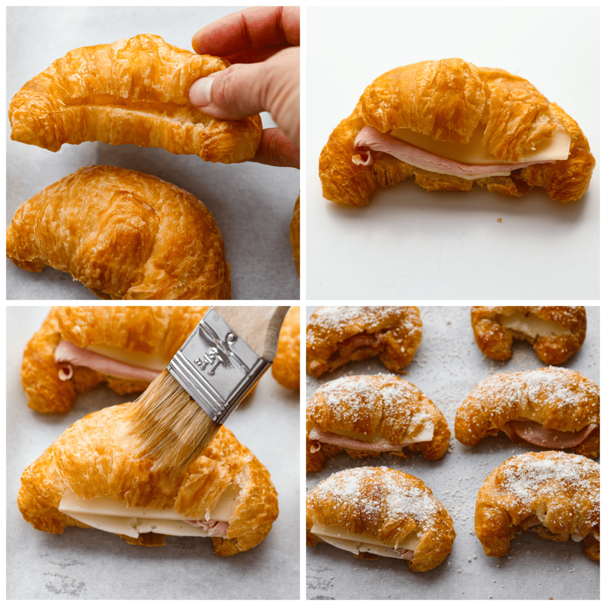 Get ready to devour the BEST ham and cheese croissant! Buttery warm croissants filled with a combination of melty cheeses and thinly sliced ham. These easy-to-make croissant sandwiches are perfect any time of day. First photo of cutting the croissants. Second photo of the ham and cheese in the croissant. Third photo of brushing the tops of the croissants with melted butter. Fourth photo of parmesan cheese sprinkled on top of the croissants.