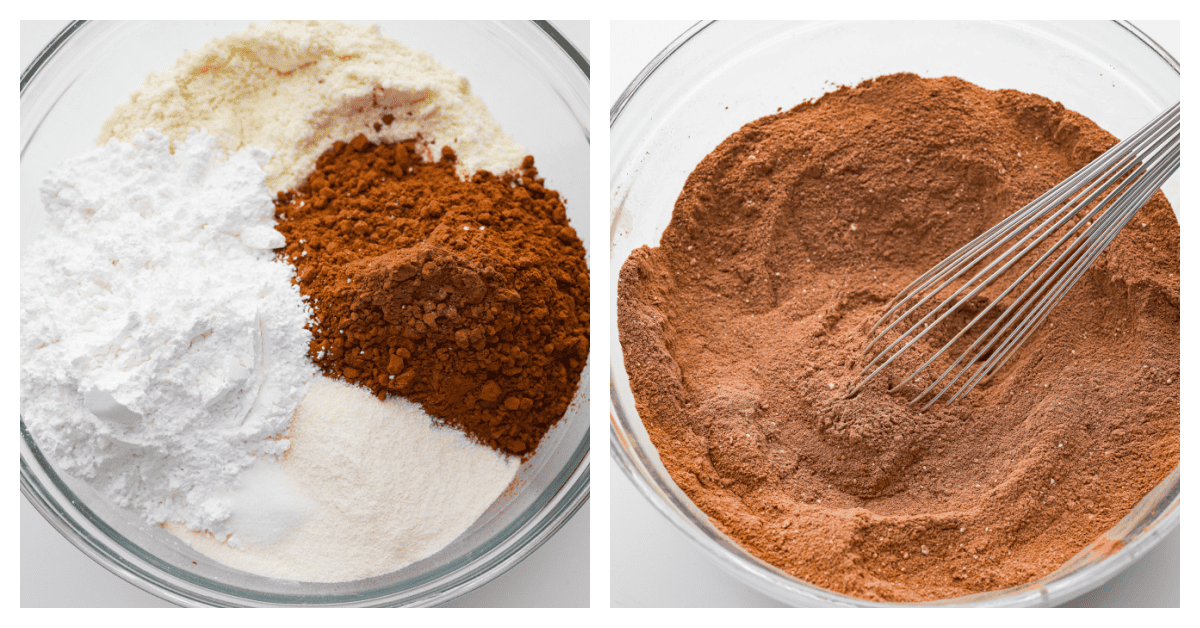 Delicious homemade hot chocolate mix that you can enjoy all winter long! It’s easy to customize and makes a perfectly rich and creamy cup of hot cocoa every time. 2-photo collage of the ingredients being mixed together.