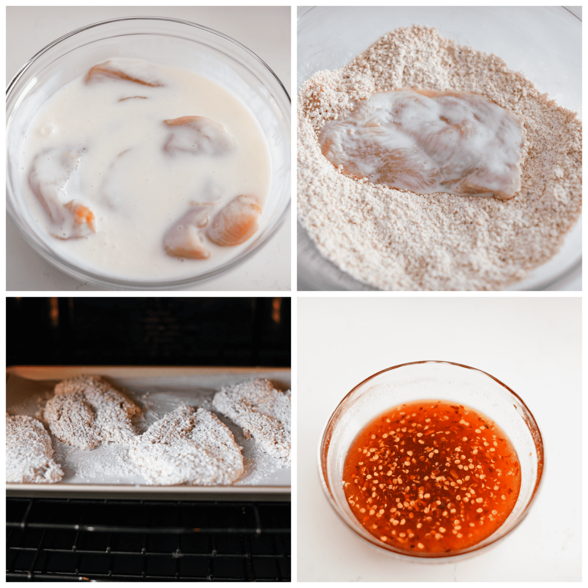 Your new favorite chicken recipe. This hot honey chicken is perfectly crispy and coated in a honey glaze that packs a punch! Honey, hot sauce, chili flakes, and garlic make the flavor so addictive, you won't be able to get enough. 4-photo collage of the chicken being battered and the hot honey sauce being prepared.
