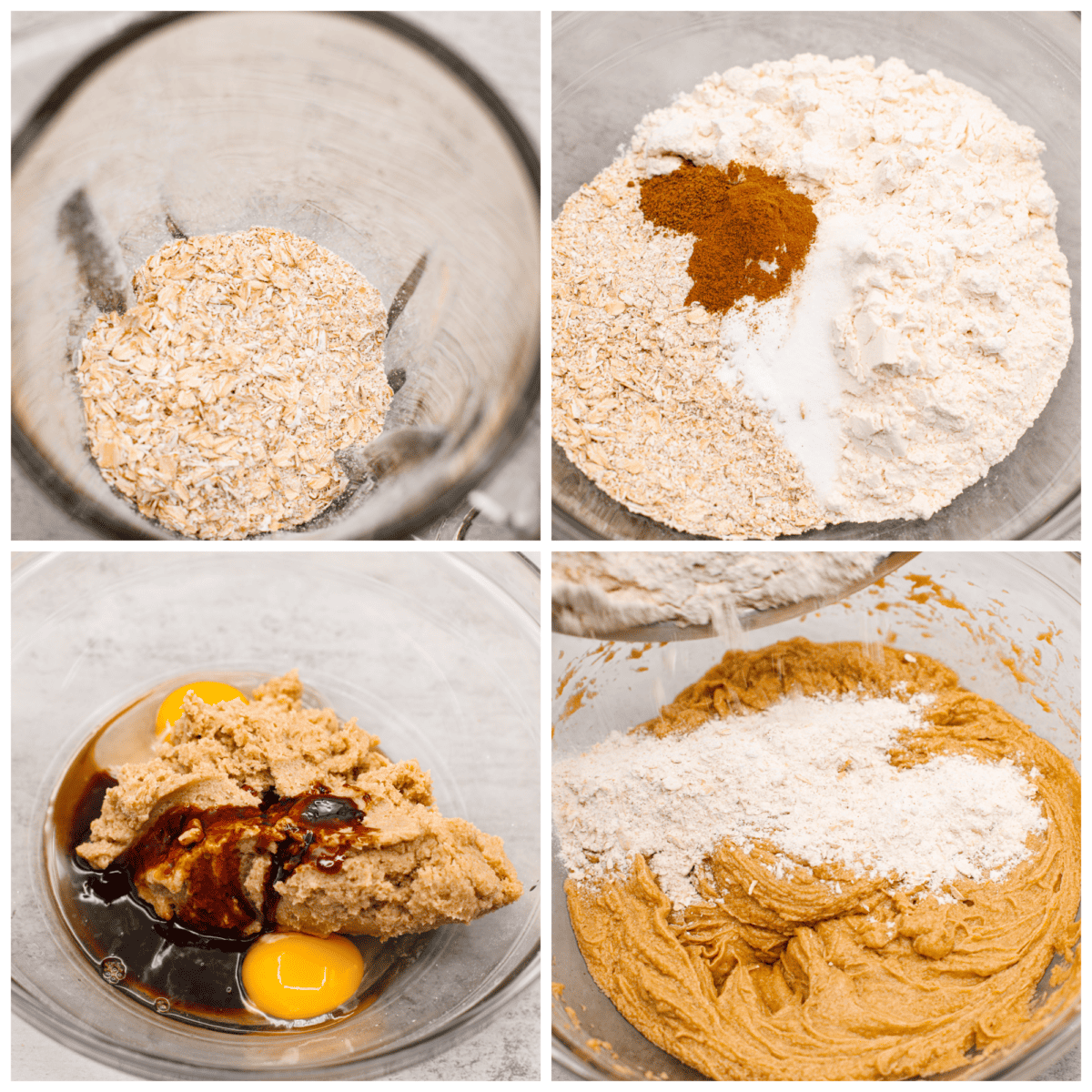 Perfect for the holidays, these iced oatmeal cookies are soft, moist, and packed with cinnamon and nutmeg for cozy spiced flavor. Topped with a layer of homemade icing, you'll love every bite! 4-photo collage of the dough being prepared.