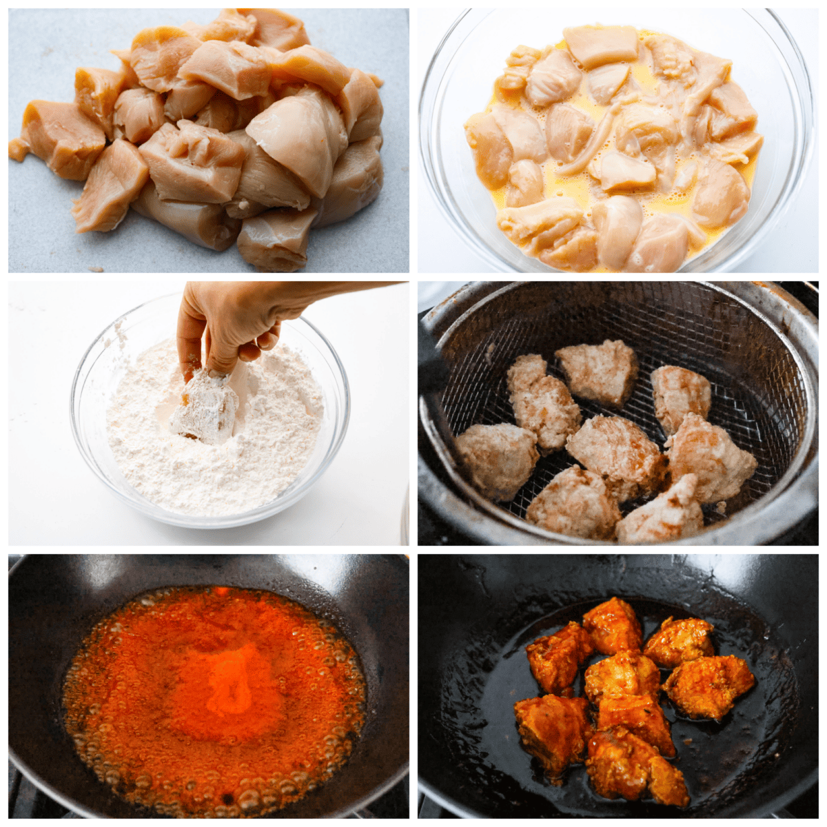 Korean fried chicken or yangnyeom chicken has juicy breaded chicken tossed in a sweet and spicy glaze, itโs what dreams are made of! Gochujang paste gives it its classic spicy flavor, but the added honey and brown sugar tones it down enough that the whole family will love it. One bite and you'll be addicted! 6-photo collage of the chicken pieces being battered and fried.