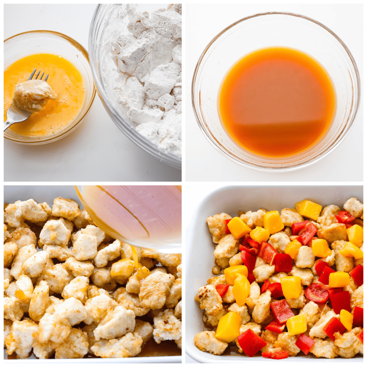 Bright and vibrant Mango Chicken is a flavorful, unique dinner that the whole family will enjoy! Tender chicken pieces are browned, and then baked in a sweet and tangy mango sauce. Serve with rice to soak up all of the delicious sauce! 4-photo collage of the chicken and sauce being prepared.