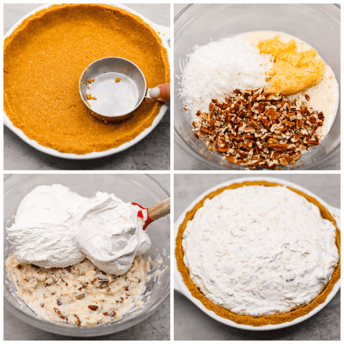 Named 'Million Dollar Pie' because it's so rich and delicious, this scrumptious dessert is the perfect way to satisfy your sweet tooth! It's light and fluffy but packed with coconut, pecans, and pineapple for tasty tidbits in each bite! 4-photo collage of the pie crust and filling being prepared.