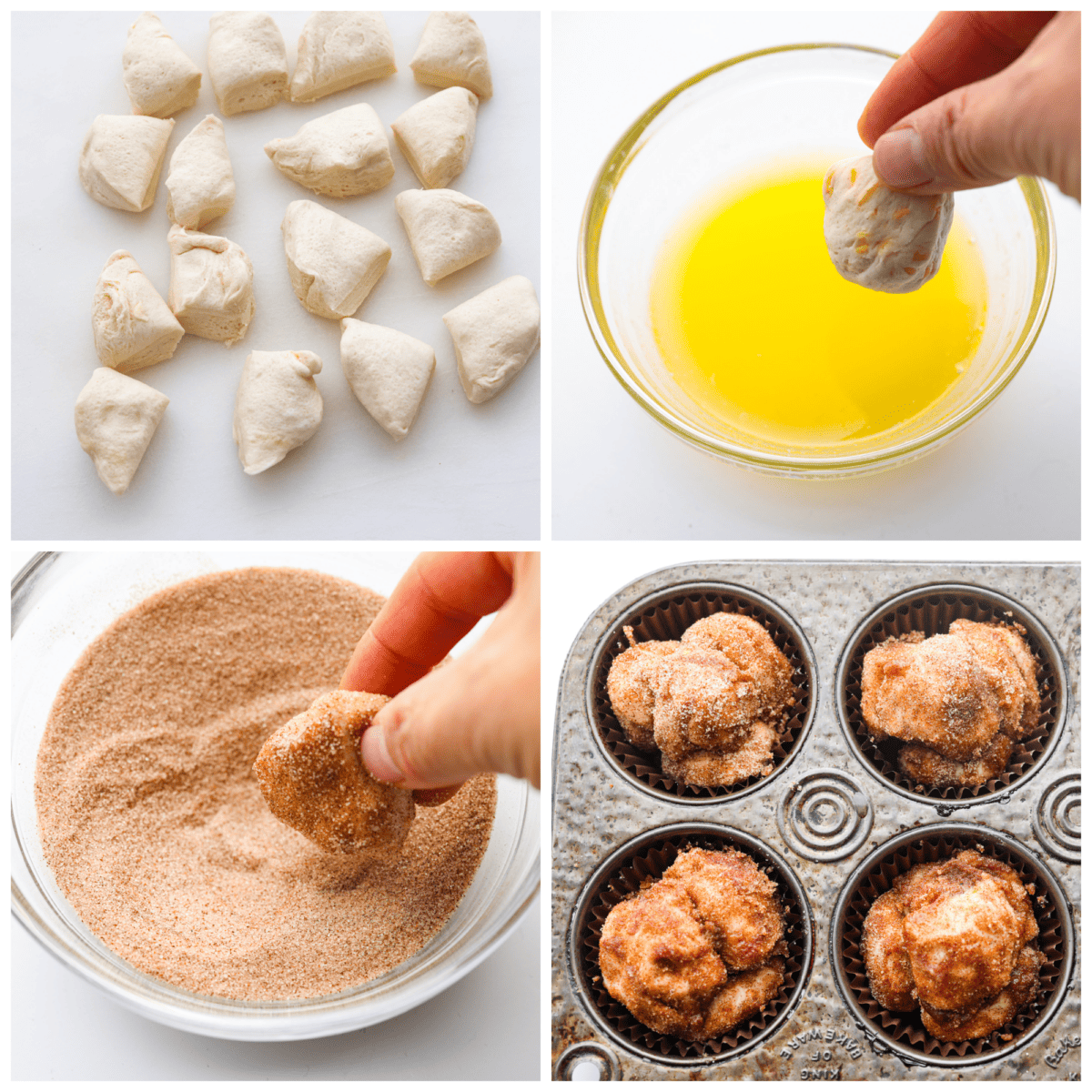 All the soft, ooey-gooey goodness of monkey bread in bite-sized form! Ready in less than 30 minutes, these monkey bread muffins are a quick and easy breakfast that everyone will love! 4-photo collage of biscuit pieces being dipped in a cinnamon sugar butter mixture.