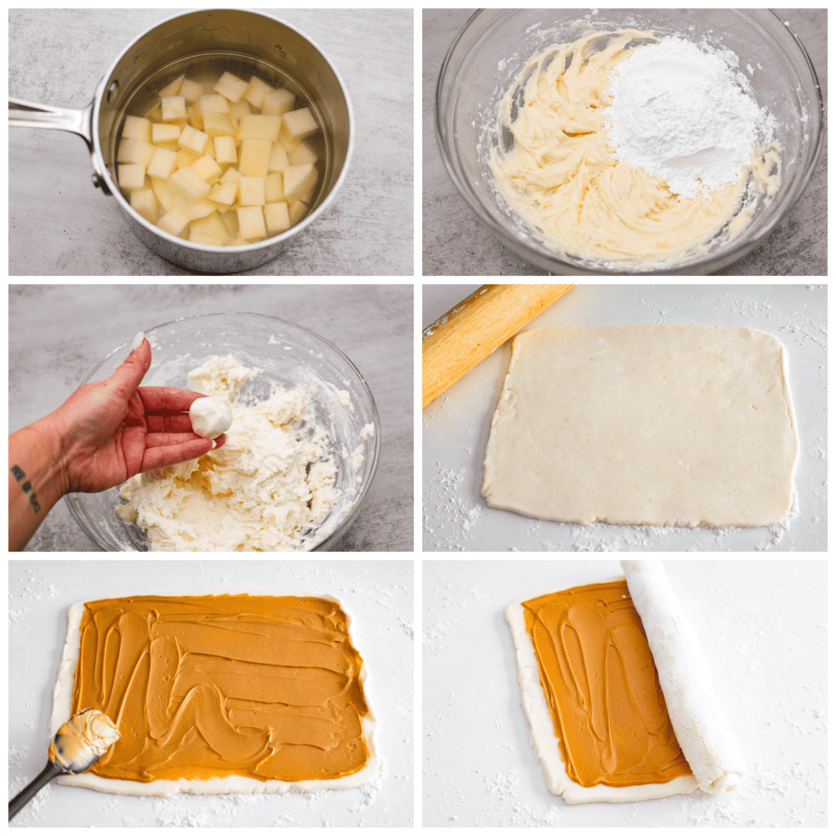 This Peanut Butter Pinwheel Candy recipe has been passed down in my family for generations! These are soft, fluffy, and full of amazing peanut butter flavor. You won't believe what the secret ingredient is that makes these so incredible! Gallery of 6 process shots showing how to boil potatoes, mix ingredients, roll out dough, cover with peanut butter.