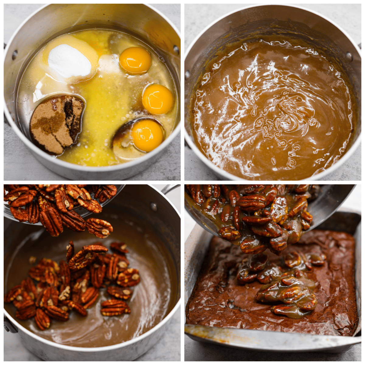 Two amazing desserts come together with these delicious pecan pie brownies! Theyโre rich and fudgy with a gooey pecan pie topping that will have you reaching for another piece. Collage of the process of making the pecan pie topping and spreading it over the brownies.