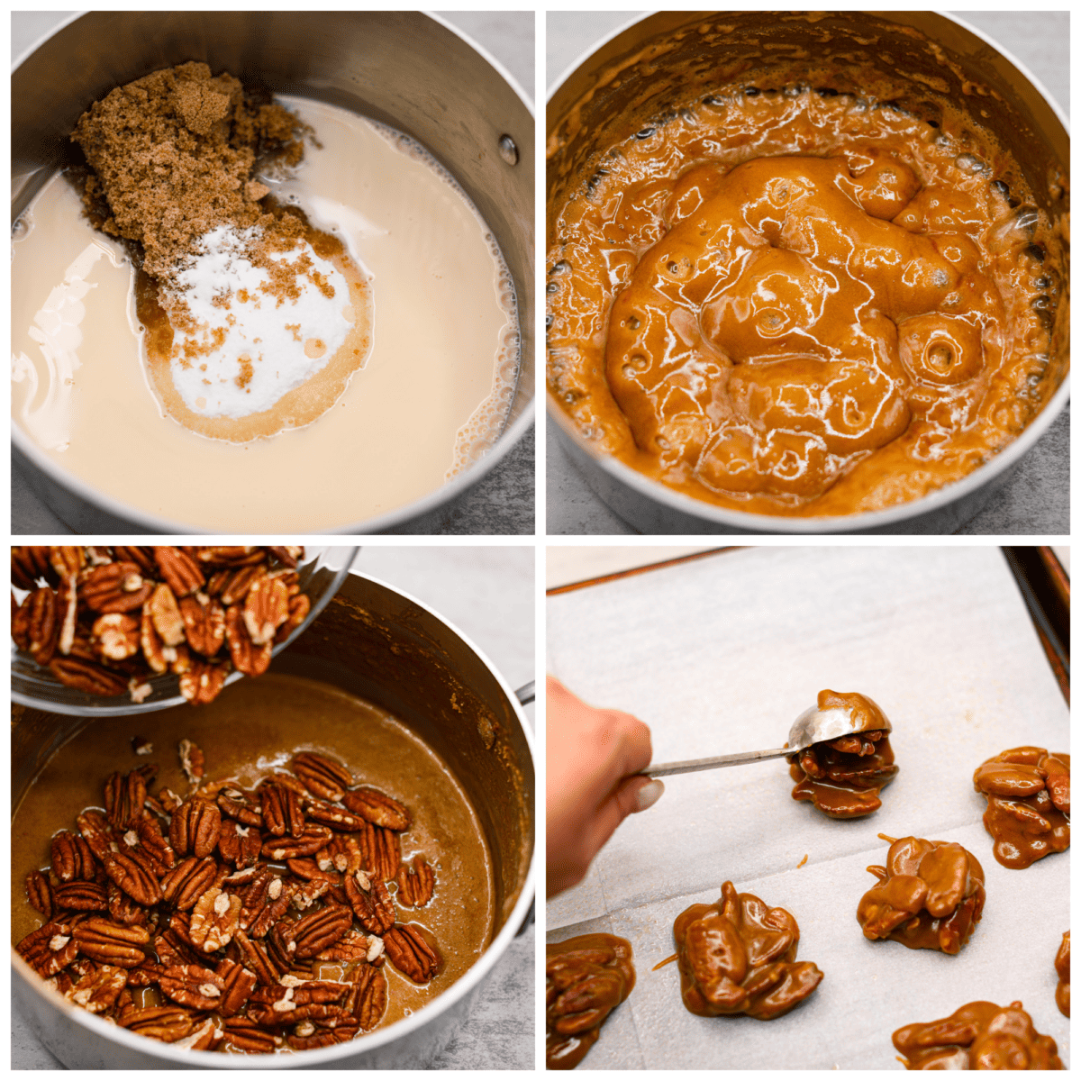 If you have a sweet tooth, this Pecan Praline recipe is for you! An ooey gooey combination of sweet flavors and a crunchy texture, this recipe is perfect for any occasion. 4 pictures showing how to cook the pecan pralines and then drop them onto a baking sheet with parchment paper.