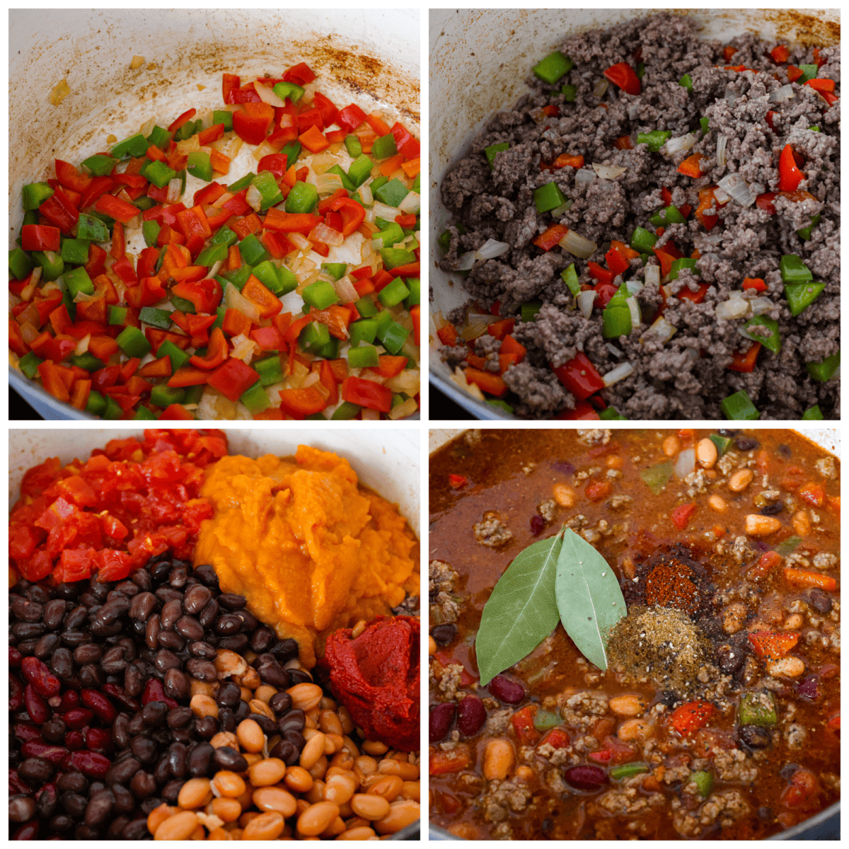 Pumpkin chili is the perfect hearty meal for cold weather. It features perfectly seasoned ground beef, tender beans, and velvety pumpkin puree. Each bowl is packed with fall flavor, making it a cozy and delicious choice for chilly days. 4-photo collage of chili ingredients being combined.