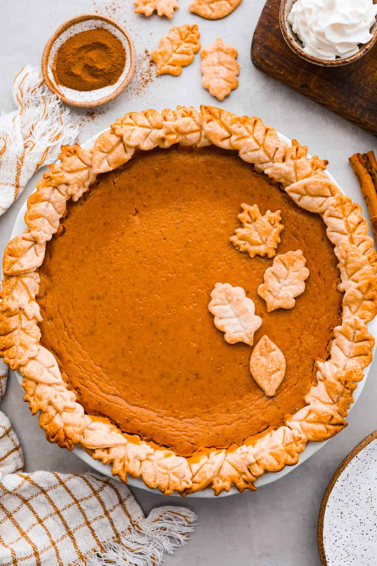 Grandma's famous pumpkin pie is smooth, thick, and creamy! A MUST for the holidays and the best when served with a big dollop of whipped cream on top! A baked pie, topped with pieces of crust that look like leaves.
