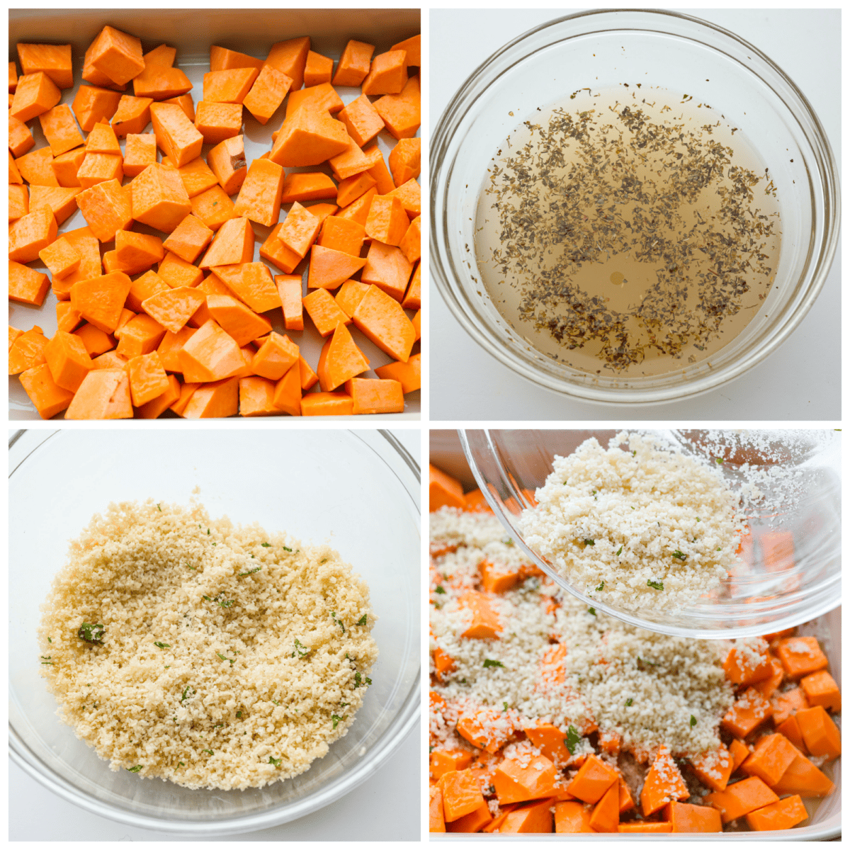 Savory Sweet Potato Casserole is a delicious new way to enjoy this classic Thanksgiving side dish! Tender bite-sized pieces of sweet potato are combined with fresh herbs and seasonings, sprinkled with a cheesy crispy topping, and baked to perfection. This recipe is easy enough for weeknight dinners, yet it's perfect for the holidays, too! 4-photo collage of the sweet potatoes being prepared and covered with breadcrumbs.
