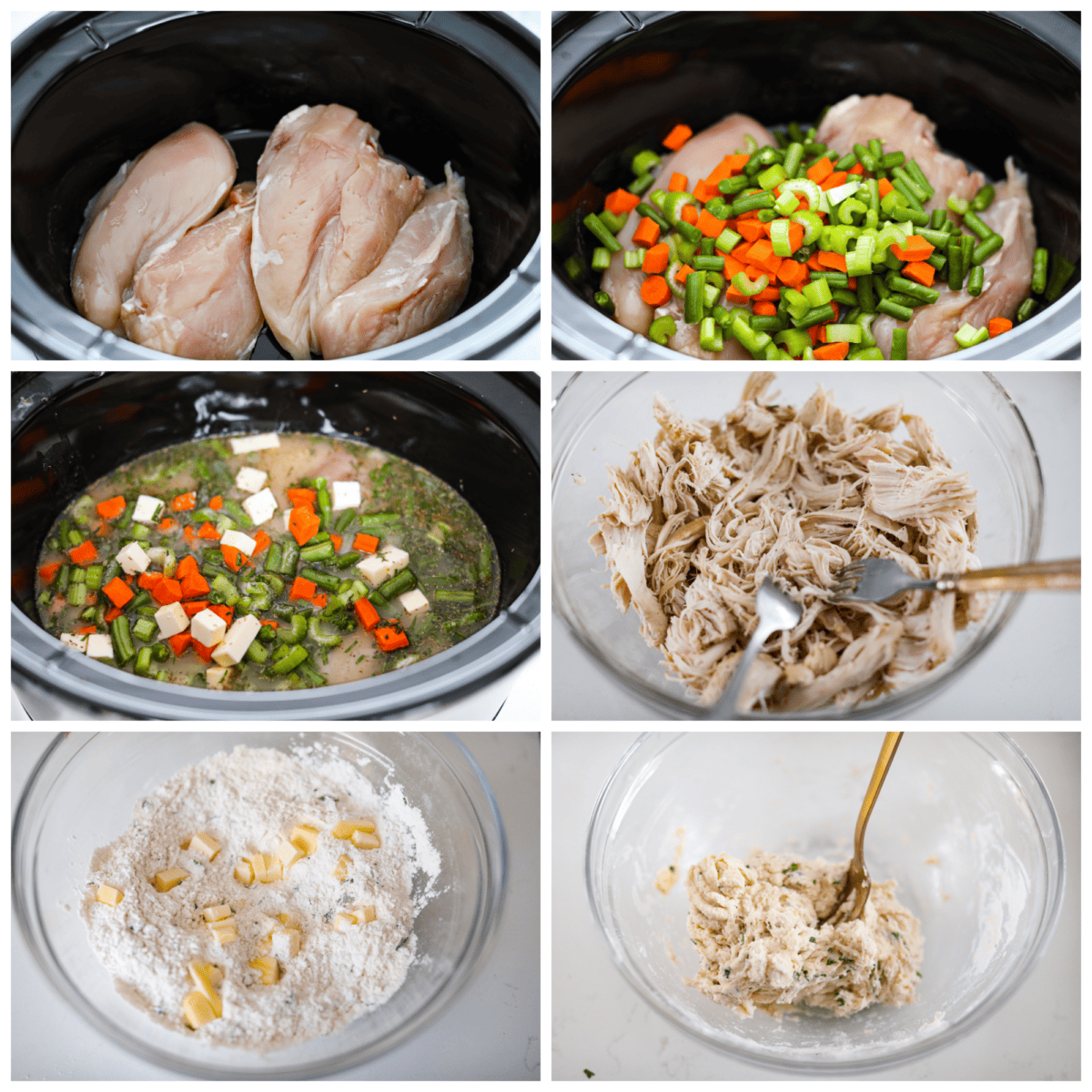 Crockpot chicken and dumplings...the ultimate comfort meal ready when you get home! Tender chicken and vegetables topped with homemade dumplings. Easy to assemble and slow-cooked to perfection. First photo of chicken in the crockpot. Second photo of vegetables added to the crockpot. Third photo of butter and broth mixture added to the crockpot. Fourth photo of shredded cooked chicken. Fifth photo of butter added to the dumpling ingredients. Sixth photo of dumpling mixture mixed in a bowl.