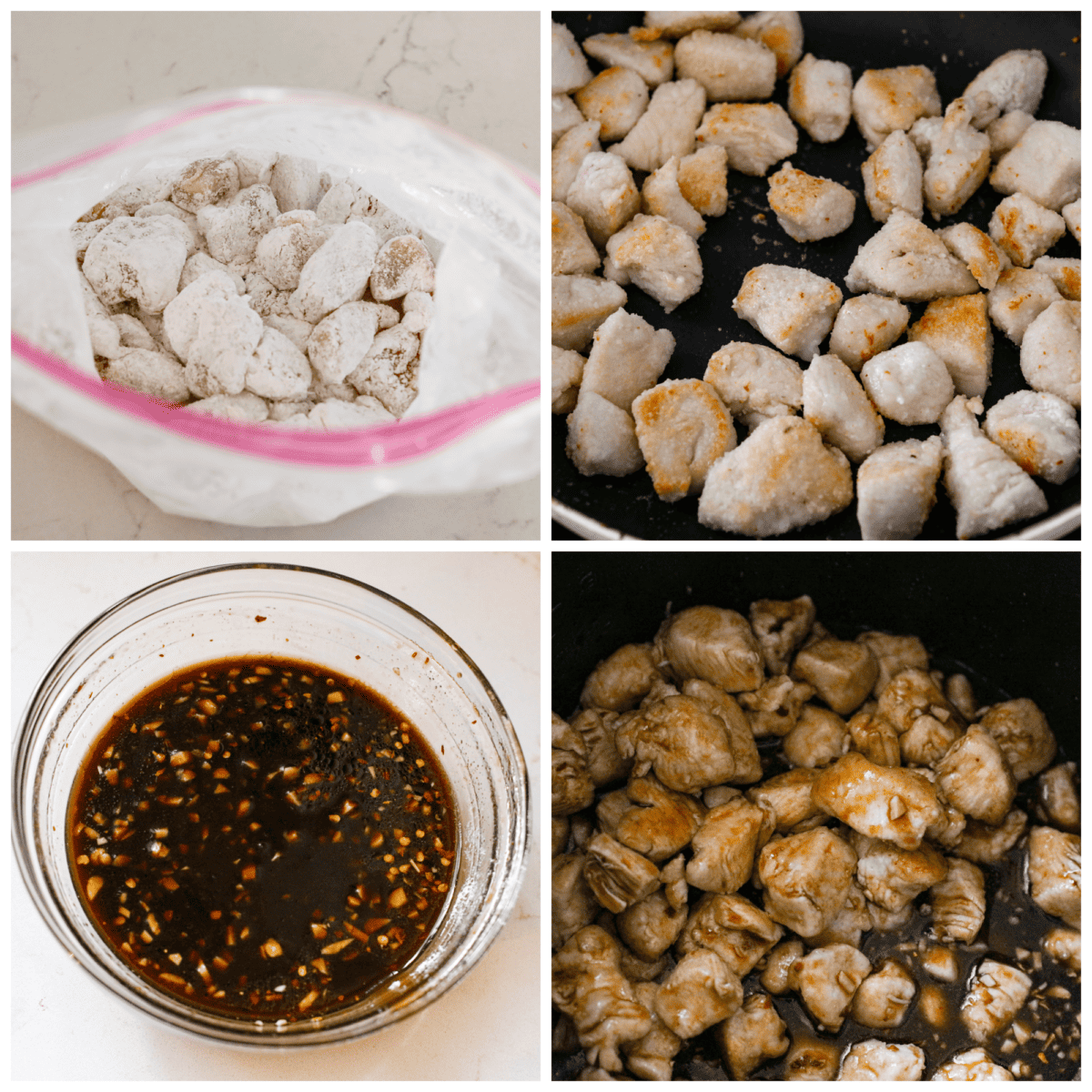 Slow cooker General Tso's chicken is a super easy version of everyone's favorite Chinese entree! Crispy chicken cooked in a sweet and savory sauce with a little added heat. This is way better than takeout! First photo of chicken coated in cornstarch in a plastic bag. Second photo of chicken browning in a skillet. Third photo of the sauce mixed together in a clear bowl. Fourth photo of chicken and sauce in a slow cooker.