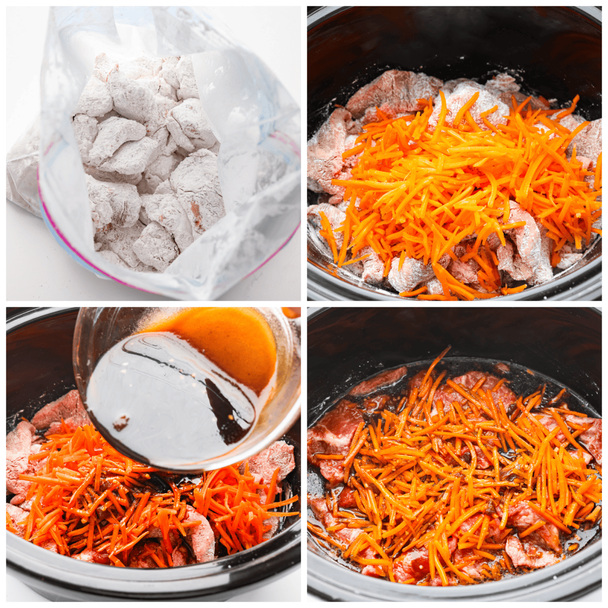 Tender pieces of flank steak are slow-cooked in the tastiest sweet and savory sauce. This slow cooker Mongolian beef is melt-in-your-mouth perfection and bursting with flavor. Quick and easy to prepare and one of our favorite slow cooker meals! First photo of the beef and cornstarch tossed together in a plastic bag. Second photo of cornstarch coated beef and shredded carrots in a crockpot. Third photo of the sauce pouring in the crockpot. Fourth photo of the beef, carrots, and sauce in a crockpot.
