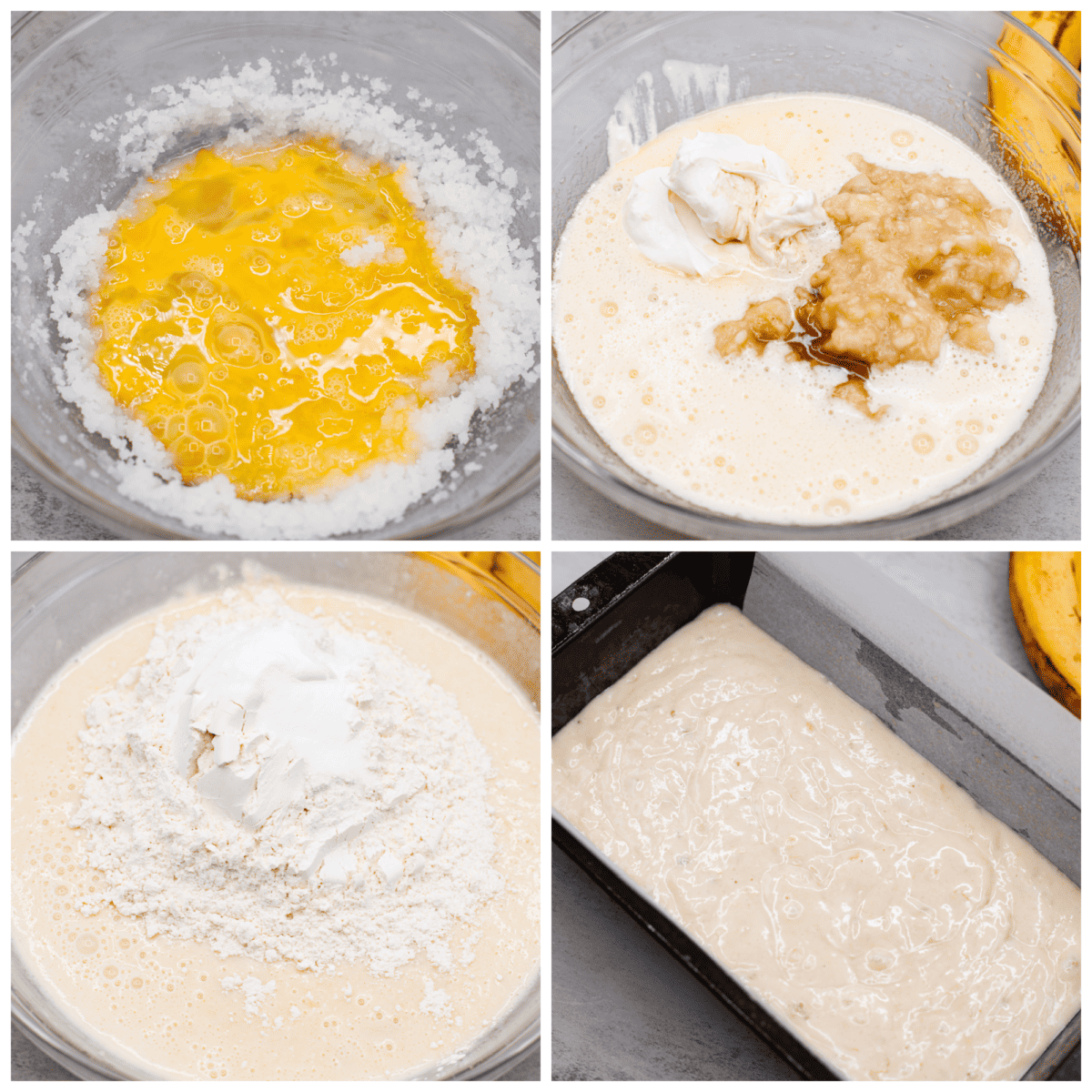 Make your homemade banana bread even more tender and delicious by adding in sour cream! This recipe is the best youโll try, and you wonโt be able to stop at one piece! 3-photo collage of the batter being mixed together.