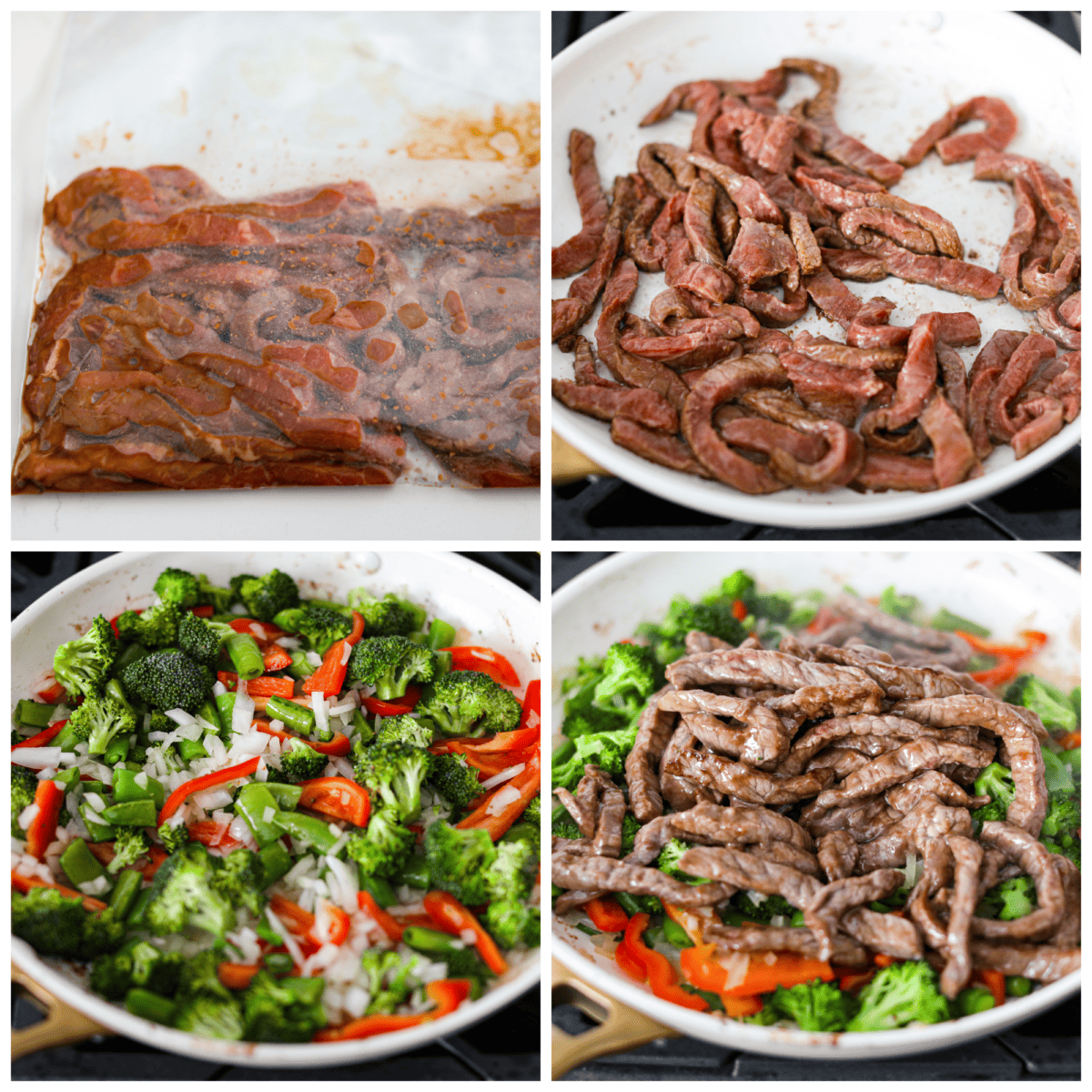 Delicious Szechuan Beef is filled with mouthwatering bold flavor! Tender strips of beef, bell peppers, snap peas, and broccoli are stir-fried together with a perfectly sweet, spicy, tangy sauce. It's way better than takeout and cooks up in under 20 minutes! 4-photo collage of the steak strips and vegetables being cooked in a skillet.