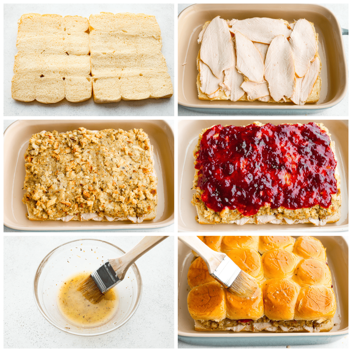 All the best things about Thanksgiving in slider form! These turkey cranberry sliders are warm and buttery, made with Hawaiian rolls packed full of turkey, stuffing, and cranberry sauce for the perfect balance of sweet and savory. A must-make with holiday leftovers! 6-photo collage of Hawaiian rolls being layered with sliced turkey, stuffing, cranberry sauce, topped with the other half of the roll and then brushed with butter.