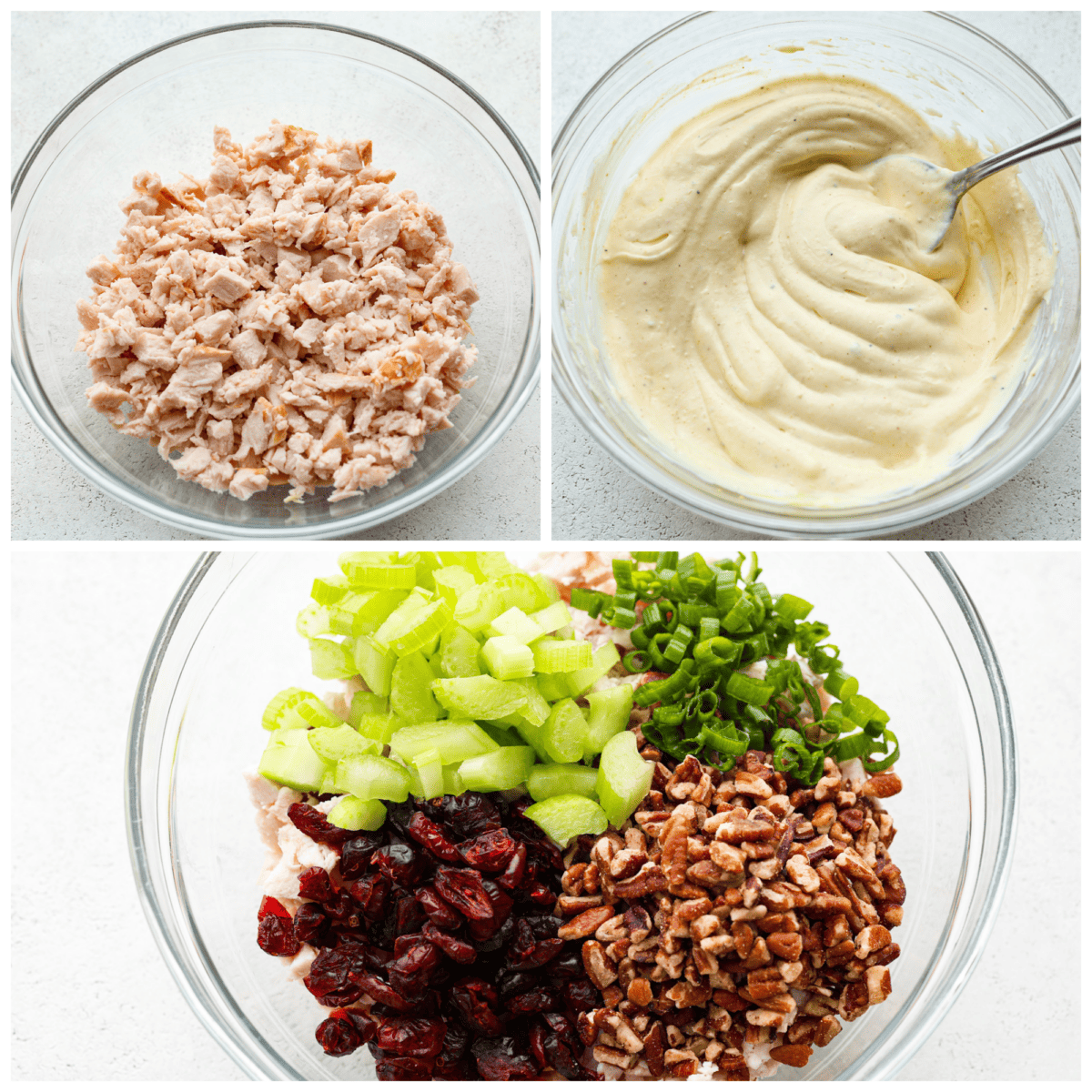 This Turkey Salad is a fresh, satisfying dish loaded with fruit, veggies, and nuts. It comes together quickly and is the perfect way to use up leftover turkey from Thanksgiving! 3-photo collage of the chopped turkey, mayo mixture, and mix-ins being combined.