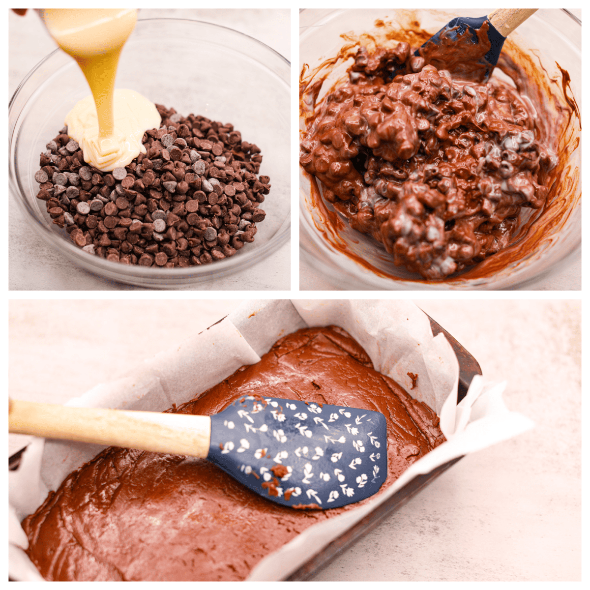 It doesn't get any easier than this homemade 2 ingredient fudge! Creamy and decadent fudge that only takes 5 minutes to make. Perfect for parties and gifting! First photo of chocolate chips and sweetened condensed milk added to a bowl. Second photo of stiring the melted chocolate and condensed milk. Third photo of pressing the fudge into a pan.