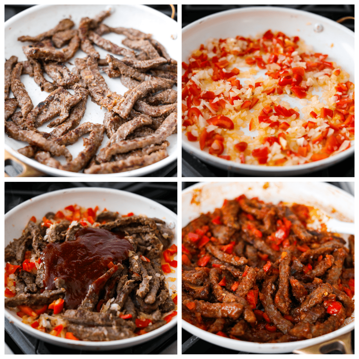 Crispy beef strips stir-fried with onion and red bell peppers then tossed in a sweet and tangy sauce. You're going to love this popular Panda Express copycat version of Beijing beef! First photo of beef frying in a pan. Second photo of the peppers and onions cooking in a pan. Third photo of the beef, vegetables, and sauce in the pan. Fourth photo of the beef, vegetables, and sauce tossed together.