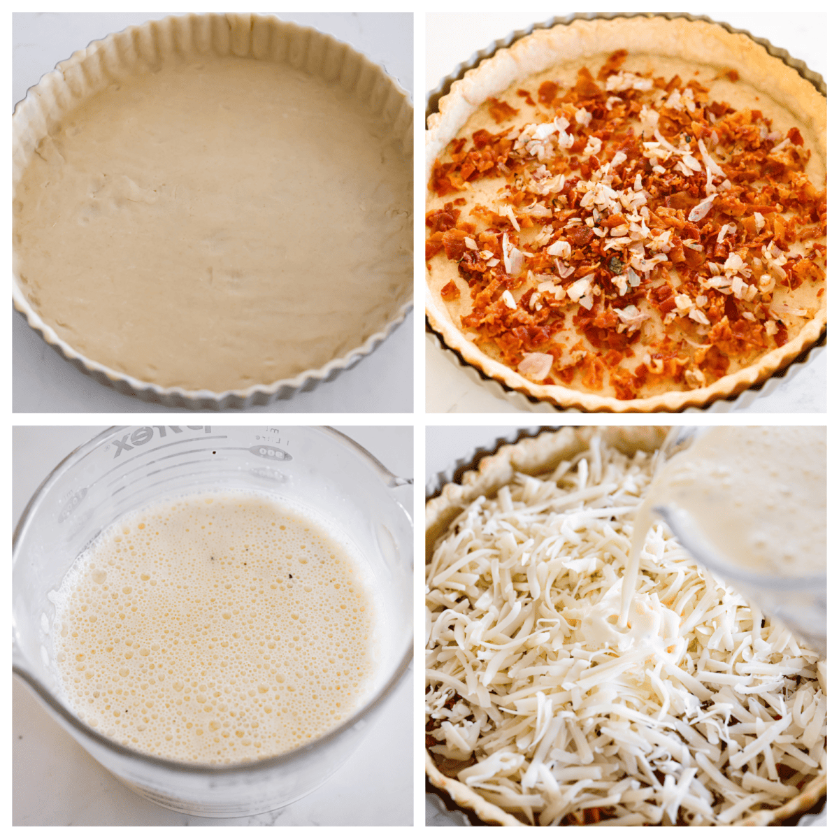 Flavorfulย Quiche Lorraineย is a classic French breakfast recipe. Itโs a simple, yet incredible combination of bacon, shallots, creamy egg custard and cheese, all baked in a flaky pie crust. Perfect for breakfast, brunch, or any meal of the day! 4-photo collage of the quiche mixture being added to a pie crust.