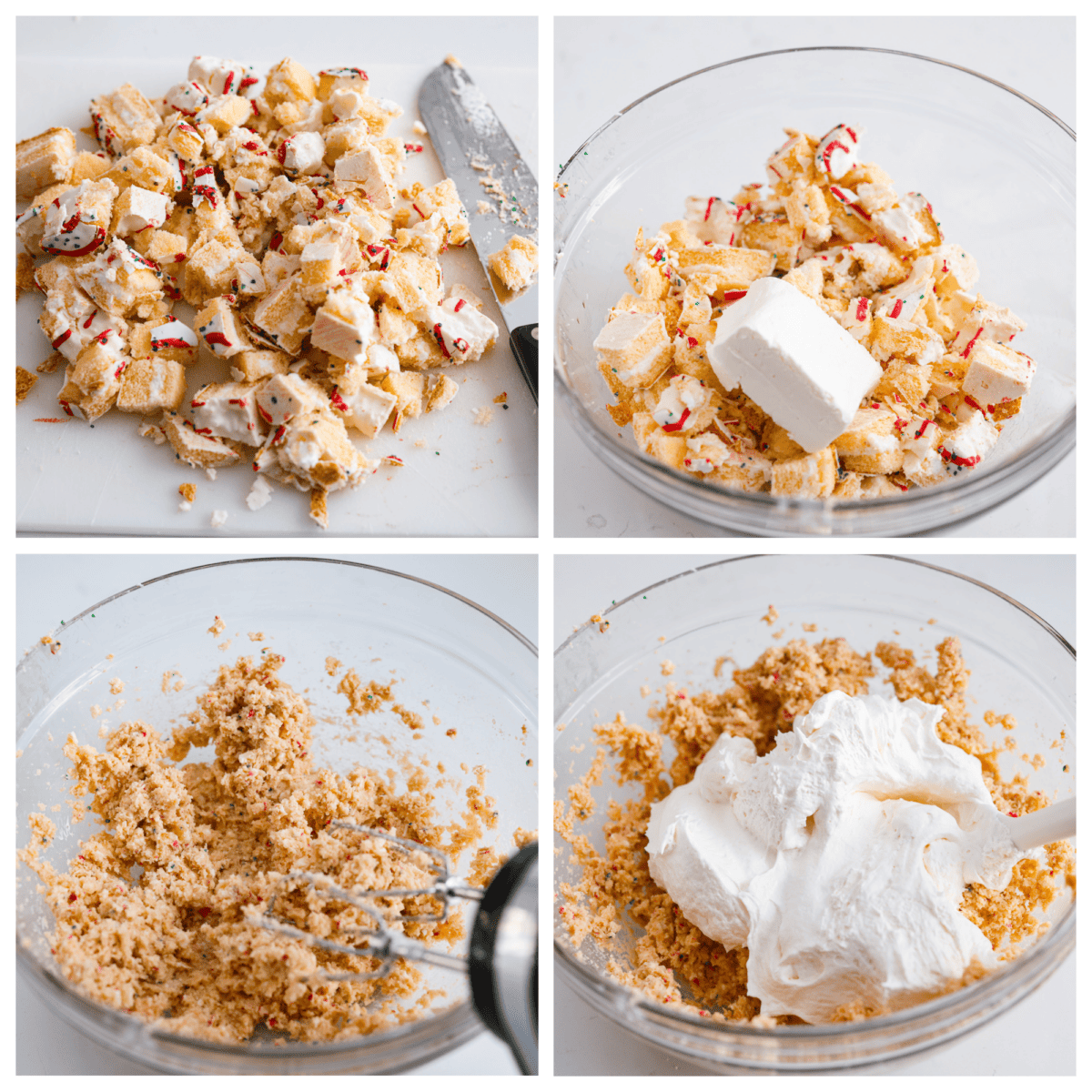A favorite holiday treat turned into a creamy dip to share! This Little Debbie Christmas tree dip is rich, sweet, and perfect for dipping your favorite cookies in. 4-photo collage of the snack cakes being chopped up and mixed with the cream cheese and whipped topping.