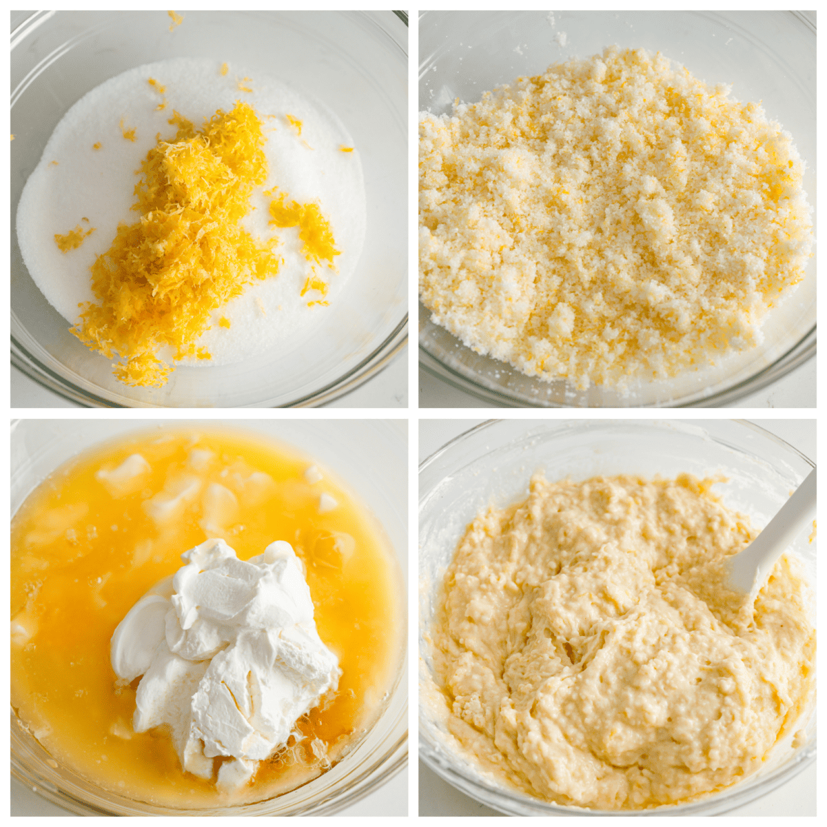 Bring the irresistible taste of Starbucks Lemon Loaf to your home with this easy-to-make recipe. A perfect blend of zesty lemon and moist texture, topped with a simple lemon icing โ enjoy the homemade version of this beloved Starbucks treat! A collage of 4 pictures showing how to make the batter for lemon oaf.