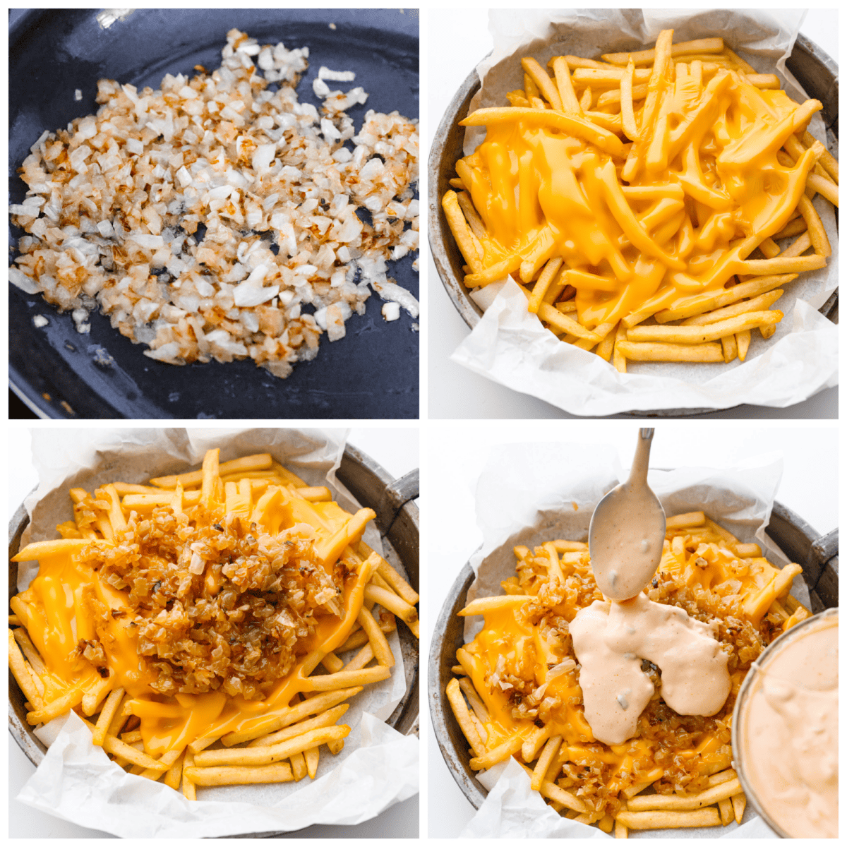 Skip the takeout and make your Animal Fries at home! Inspired by In-N-Out Burger, this recipe features crispy, golden fries piled high with melted American cheese, caramelized onions, and homemade animal sauce! (A tasty blend of ketchup, relish, vinegar, and mayo!) 4-photo collage of the onions being caramelized and the toppings being added to the fries.