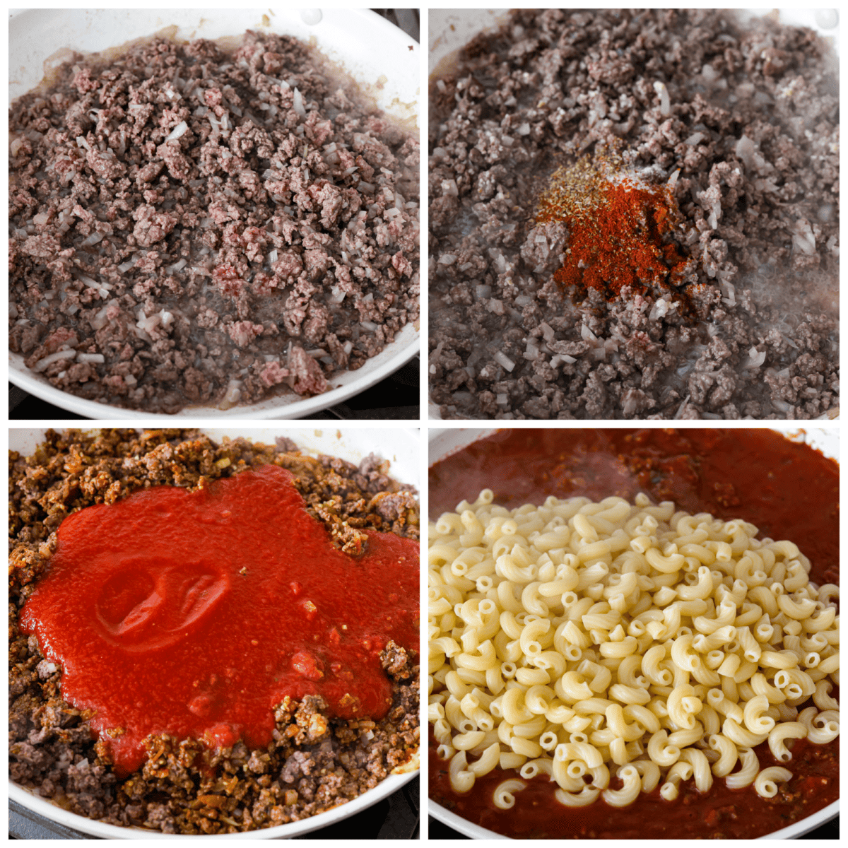 Craving cheesy, saucy comfort food that's perfect for a weeknight meal? This hearty beefaroni is the way to go. Each macaroni noodle traps the cheesy, meaty, garlicky sauce inside, so every bite has incredible flavor. Easy to prepare and picky eater-approved, this is one dinner you don't want to miss out on. 4-photo collage of the beef being browned and combined with the other ingredients.