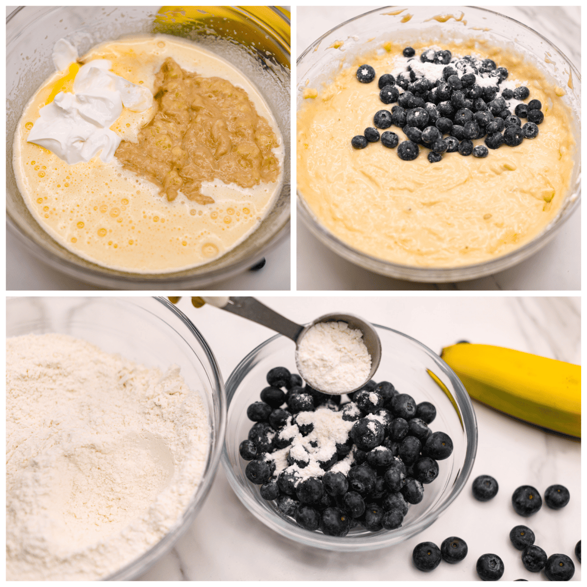 This moist and delicious blueberry banana bread is something anyone can make, and that everyone will love. Packed with juicy berries, each bite of this sweet and tender bread will have you wanting another piece. 3-photo collage of the batter being prepared and poured into a loaf pan.