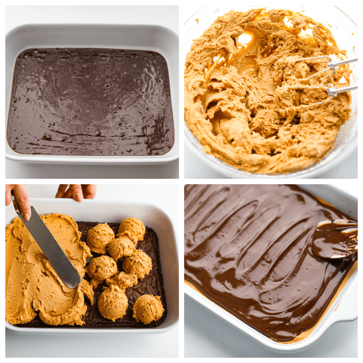 Buckeye brownies are known for their three layers of rich decadent goodness! A fudgy brownie base gets a sweet peanut butter layer then topped with chocolate ganache. It's a chocolate peanut butter lover's dream brownie! First photo of the brownie batter in the pan. Second photo of the peanut butter layer mixed in a bowl. Third photo of the peanut butter later spreading on the brownies. Fourth photo of the ganache spreading on the brownies.