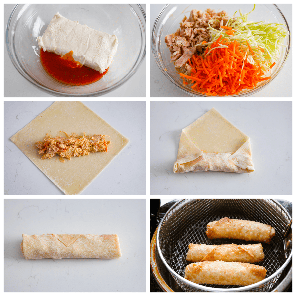 Wait until you taste these Buffalo Chicken Egg Rolls' crispy texture and bold flavors! A delicious mixture of cream cheese, hot sauce, and spices envelops shredded chicken, carrots, and cabbage, creating a perfect balance of crunch and zing. 6 pictures in a collage showing the steps on how to assemble the egg rolls.
