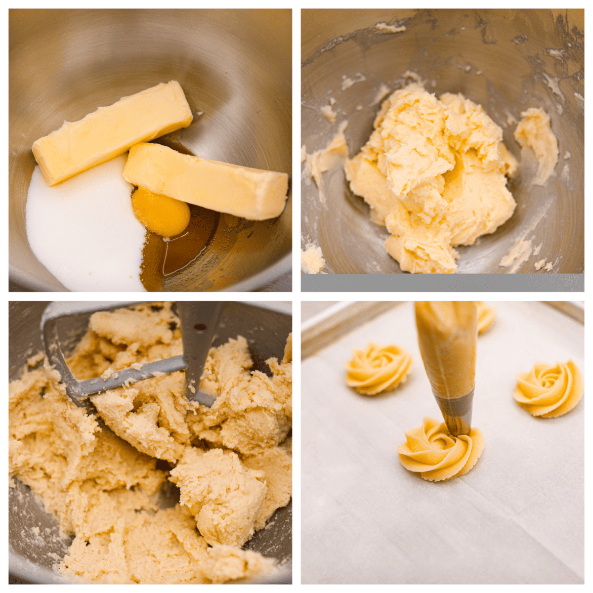Buttery, tender, and unbelievably light, these homemade Danish butter cookies are so much better than the tinned version. Loaded with flavor, these cookies will melt in your mouth and are so easy to make. First photo of butter, sugar, egg, and vanilla in a mixing bowl. Second photo of the wet ingredients mixed together. Third photo of the dough mixed in a stand mixer. Fourth photo of piping the cookies on a pan.