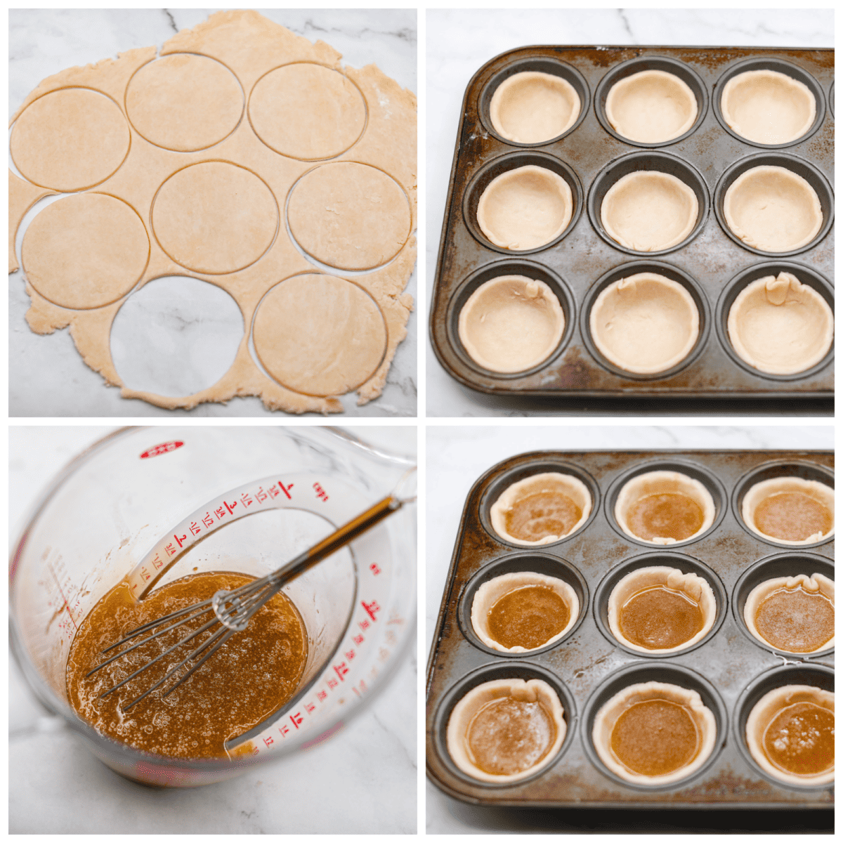 Rich and gooey Butter Tarts are the perfect treat for any occasion! They feature a sweet, buttery filling baked inside a flaky crust that will definitely make you want to keep going back for more!ย 4-photo collage of the crusts and filling being prepared.