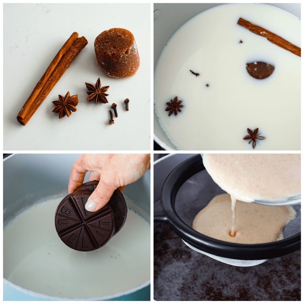 Get toasty from the inside out with champurrado, a delicious variation of Mexican hot chocolate! Deep, melty chocolate meets warming spices and brown sugar, all thickened with corn flour for a velvety smooth sip. Perfect for chasing any winter blues away! Adding the chocolate, sugar and spices to the milk mixture.