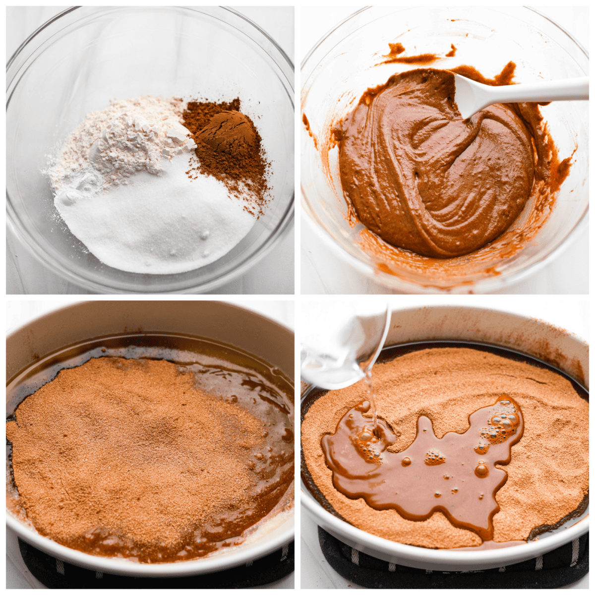 Everyone will want to eat dessert first with this Chocolate Cobbler โ a simple dessert that's all about gooey chocolate goodness. The velvety inside and crispy top create a perfect combo for a satisfying, easy-to-make treat! 4 pictures showing the process of making the batter for chocolate cobbler.