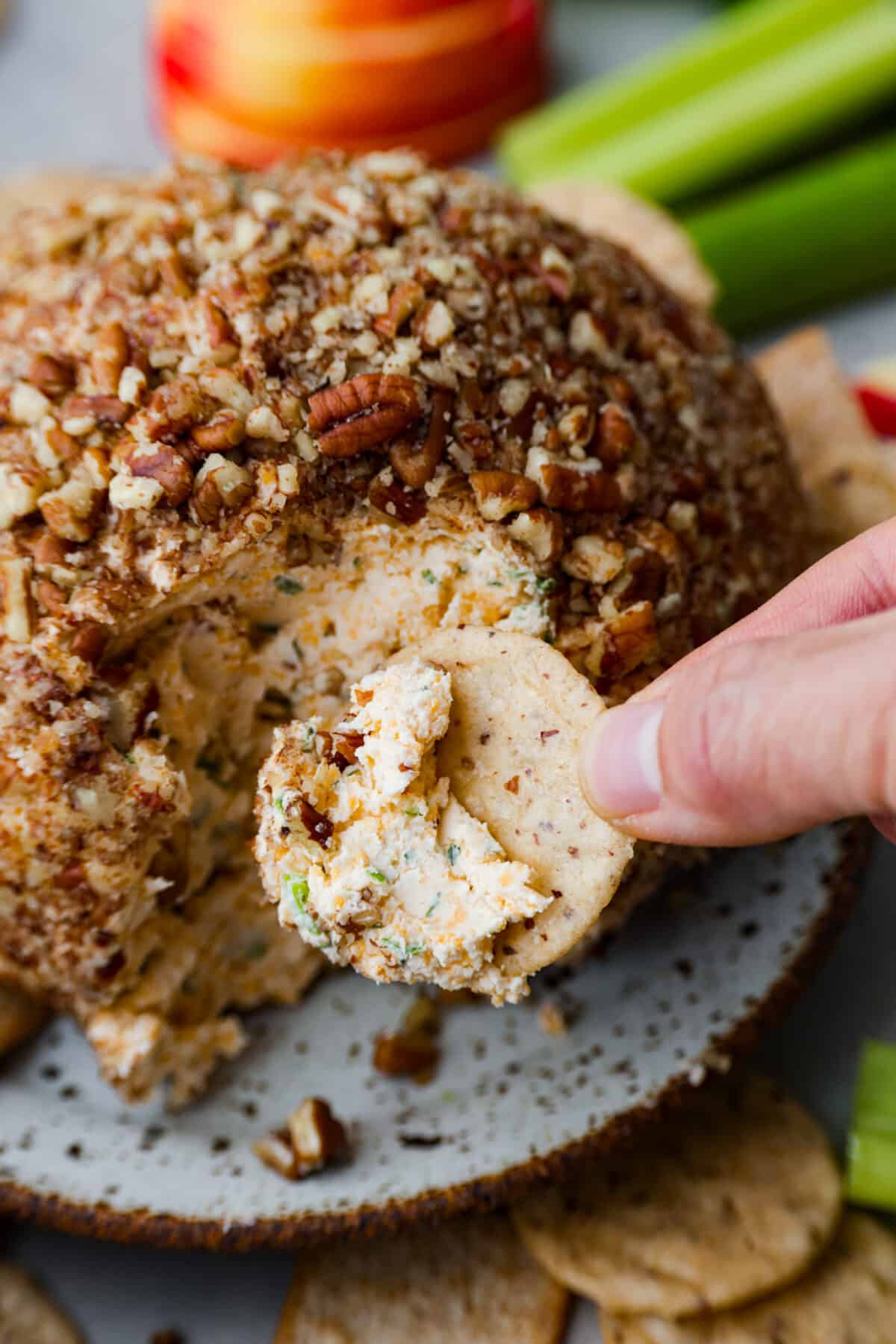 This is my go-to classic cheese ball! It's deliciously cheesy with a mix of cream cheese, cheddar cheese, green onion and seasonings that gets shaped into a ball, then rolled in crunchy pecans. It’s packed with flavor and makes the best holiday appetizer! Dipping a cracker into the cheese.