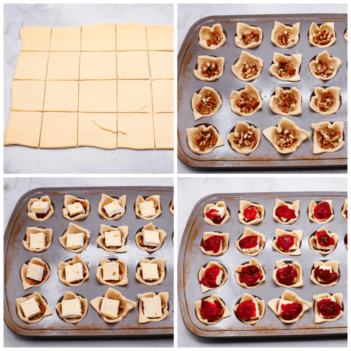 Cranberry pecan brie bites are such an amazing appetizer! It has layered pecans, soft brie, and a dollop of cranberry sauce, all cupped in a golden brown, flaky crescent roll!ย 4 pictures in ca collage of the process on how to add the ingredients to the crescent roll in the pan.