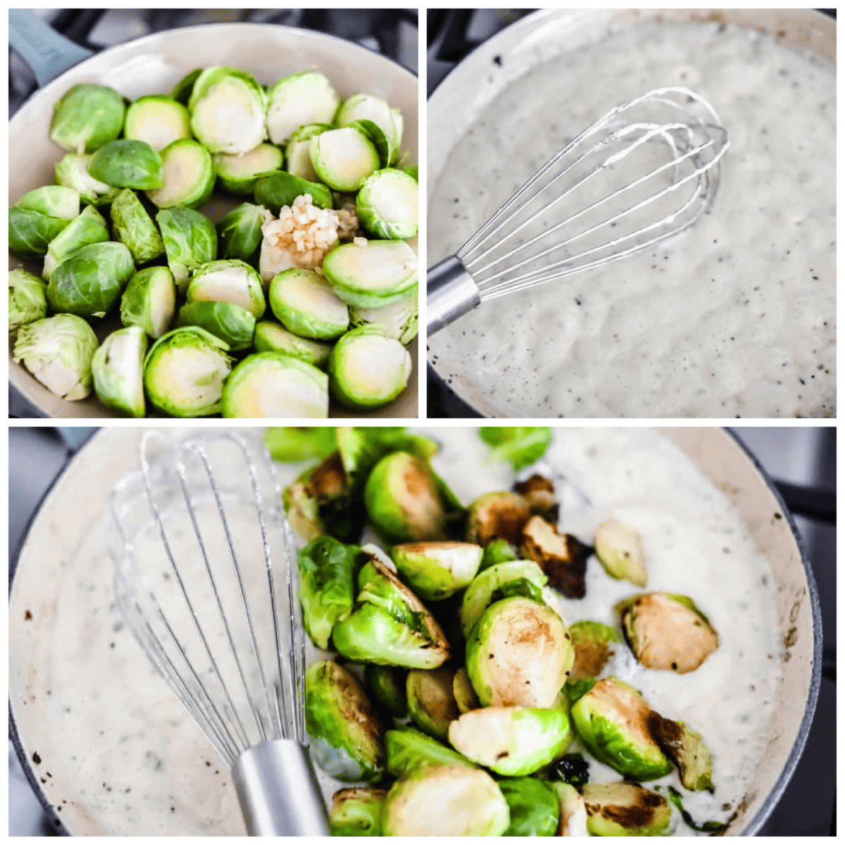Creamy parmesan garlic Brussels sprouts sauteed and smothered in a rich and cheesy parmesan garlic sauce. Elevate your Brussels sprouts with this easy and delicious side dish! First photo of brussels sprouts and garlic added to the skillet. Second photo of the creamy sauce in a pan. Third photo of the cooked brussels sprouts add to the pan of sauce.