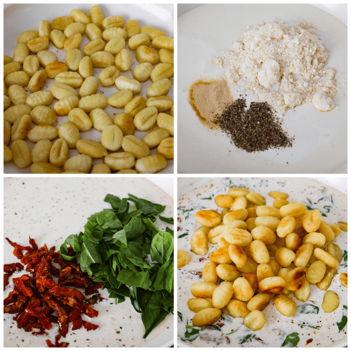 Creamy Tuscan Parmesan Gnocchi has the most incredible creamy sauce with spinach and sun-dried tomatoes. This is an easy comforting meal packed with flavor that can be on the dinner table in less than 30 minutes! 4-photo collage of the gnocchi being cooked, and the sauce ingredients being mixed together.