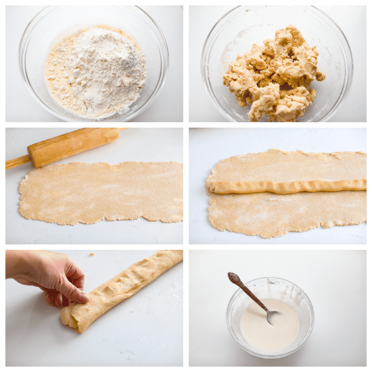 This Danish Kringle is full of almond flavor, baked until golden, and then drizzled with a vanilla glaze. This can be eaten for breakfast or dessert, and everyone will love it! 6 photos in a collage showing you how to make the dough and assemble it with the filling.