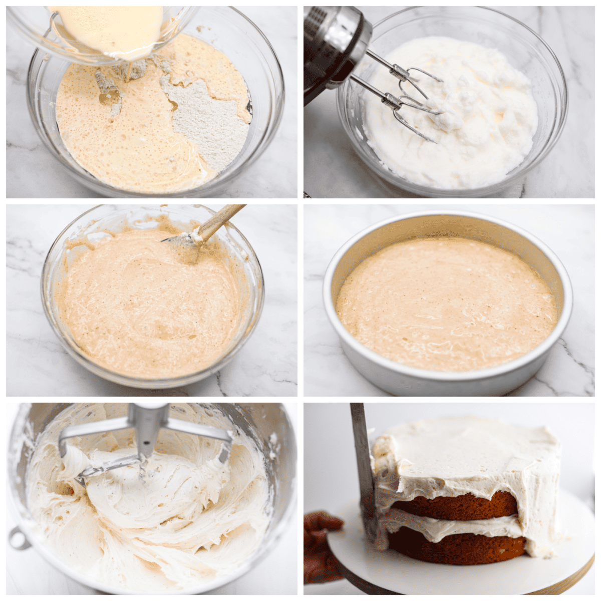 Festive eggnog cake is the perfect dessert to serve this holiday season! Make this moist eggnog-flavored cake bursting with delicious seasonal spices and layered with creamy eggnog buttercream! First photo of the wet ingredients combining with the dry ingredients. Second photo of the egg whites being whipped. Third photo of the egg whites folded into the batter. Fourth photo of the batter in a cake pan. Fifth photo of the buttercream mixed in a stand mixer. Sixth photo of the cake layers being frosted.